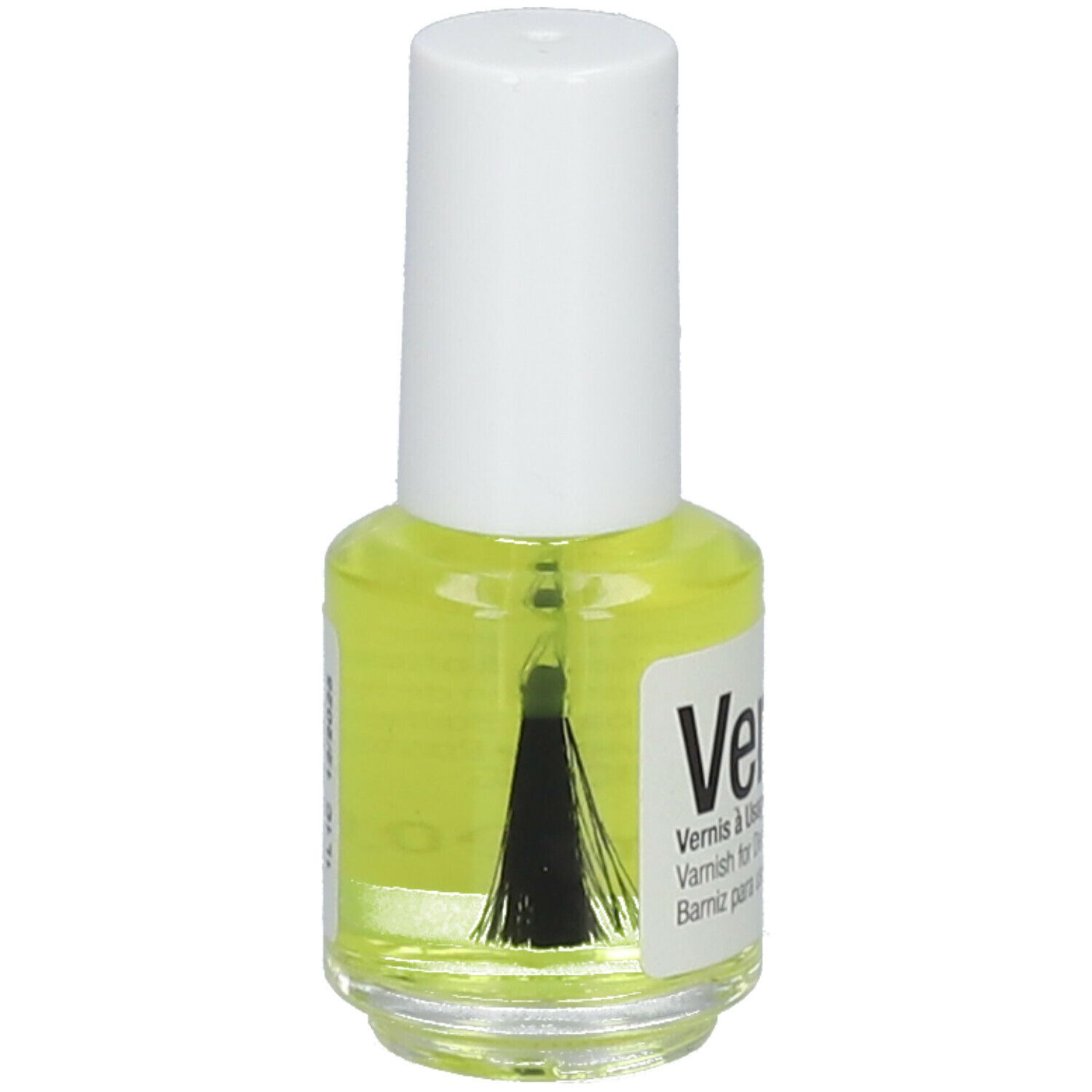 Flacon de vernis jaune clair avec bouchon blanc. Pinceau visible. Inscription: Verlim.