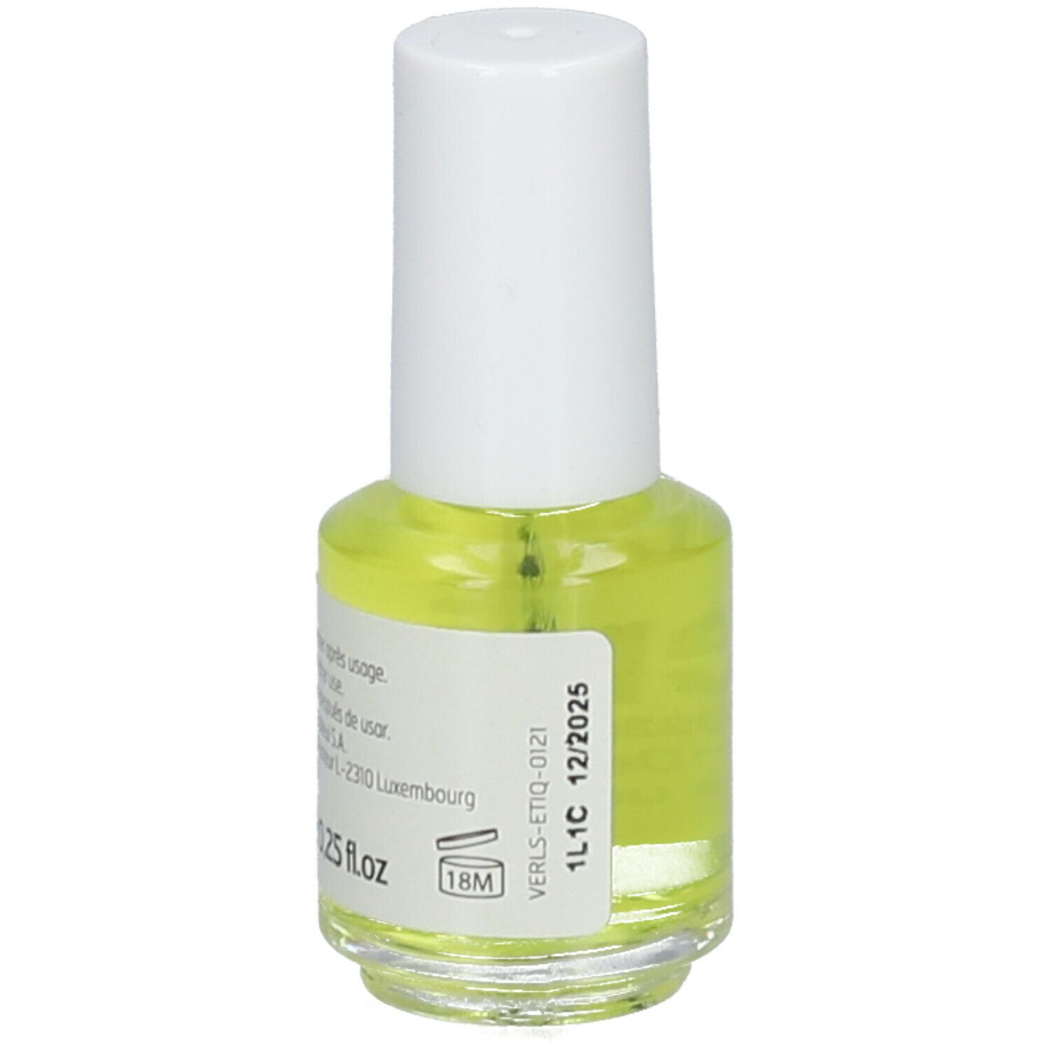 Flacon de vernis jaune clair avec bouchon blanc. Inscription: Verlim. Date de péremption 12/2025.
