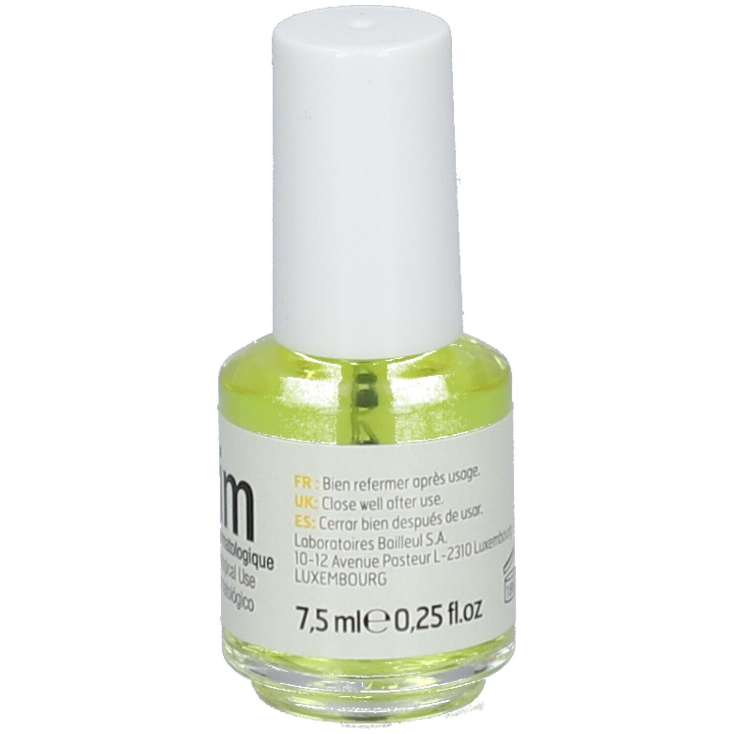 Flacon de vernis jaune clair avec bouchon blanc. Inscription: Verlim. Volume: 7,5 ml.