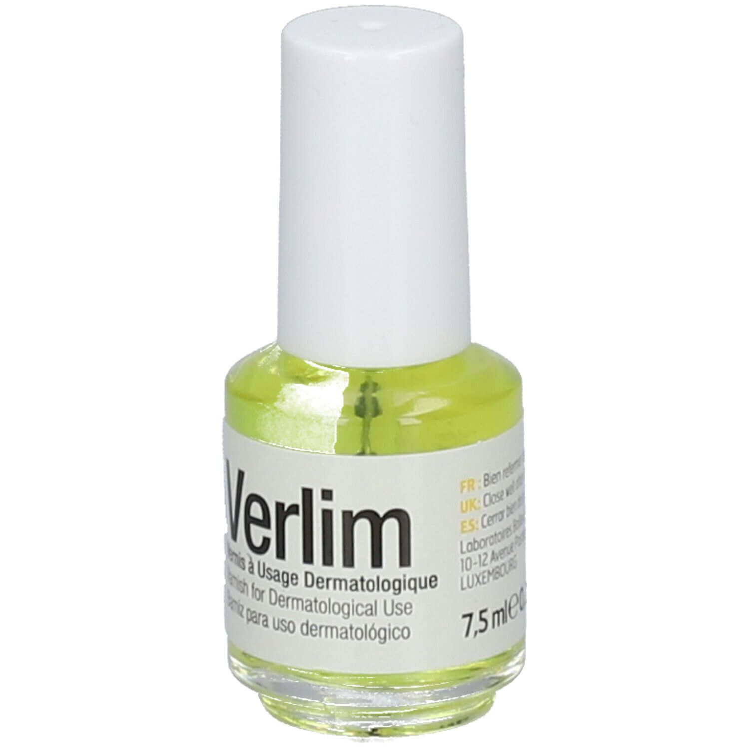 Flacon de vernis jaune clair avec bouchon blanc. Inscription: Verlim. Volume: 7,5 ml.