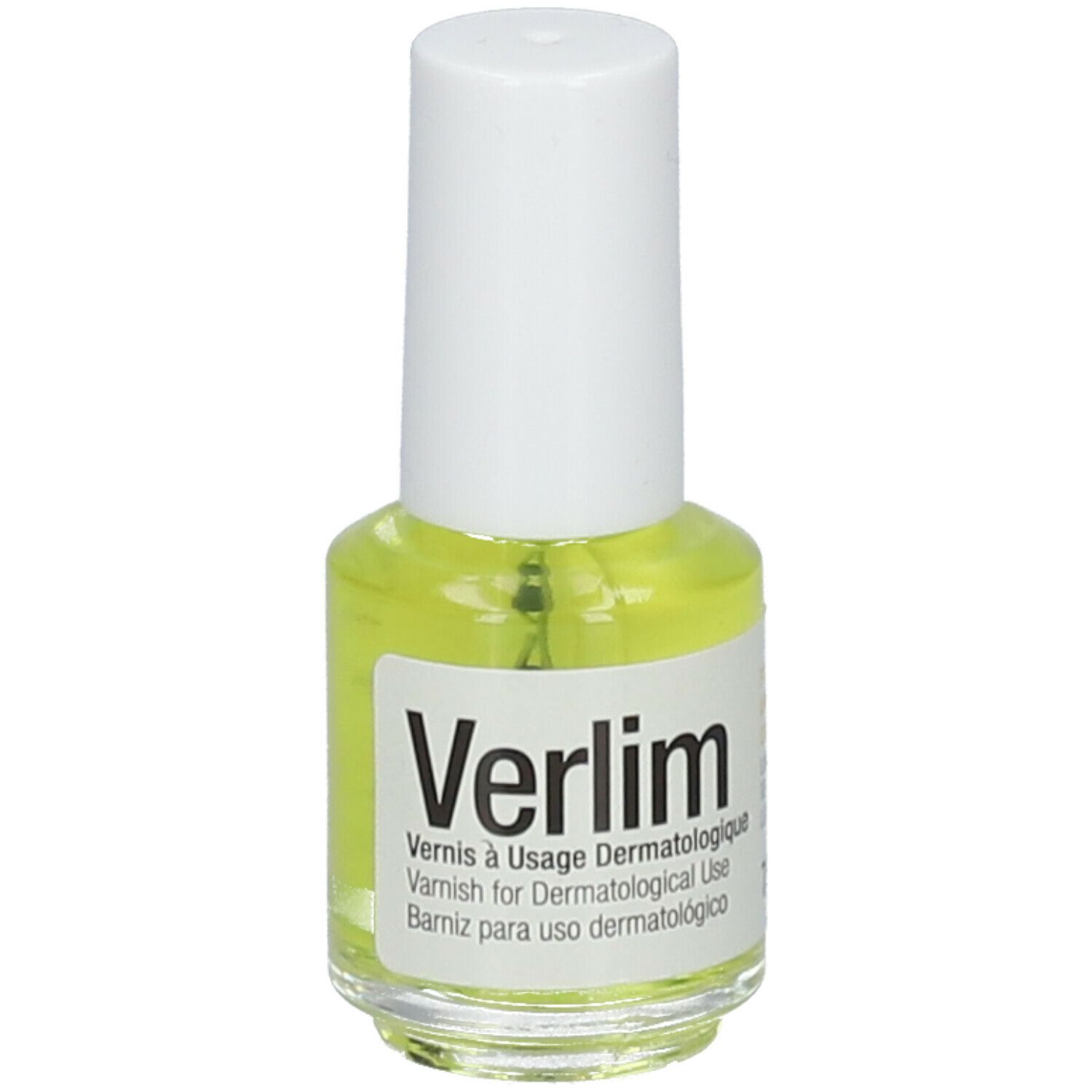 Flacon de vernis jaune clair avec bouchon blanc. Inscription: Verlim, Varnish for Dermatological Use.