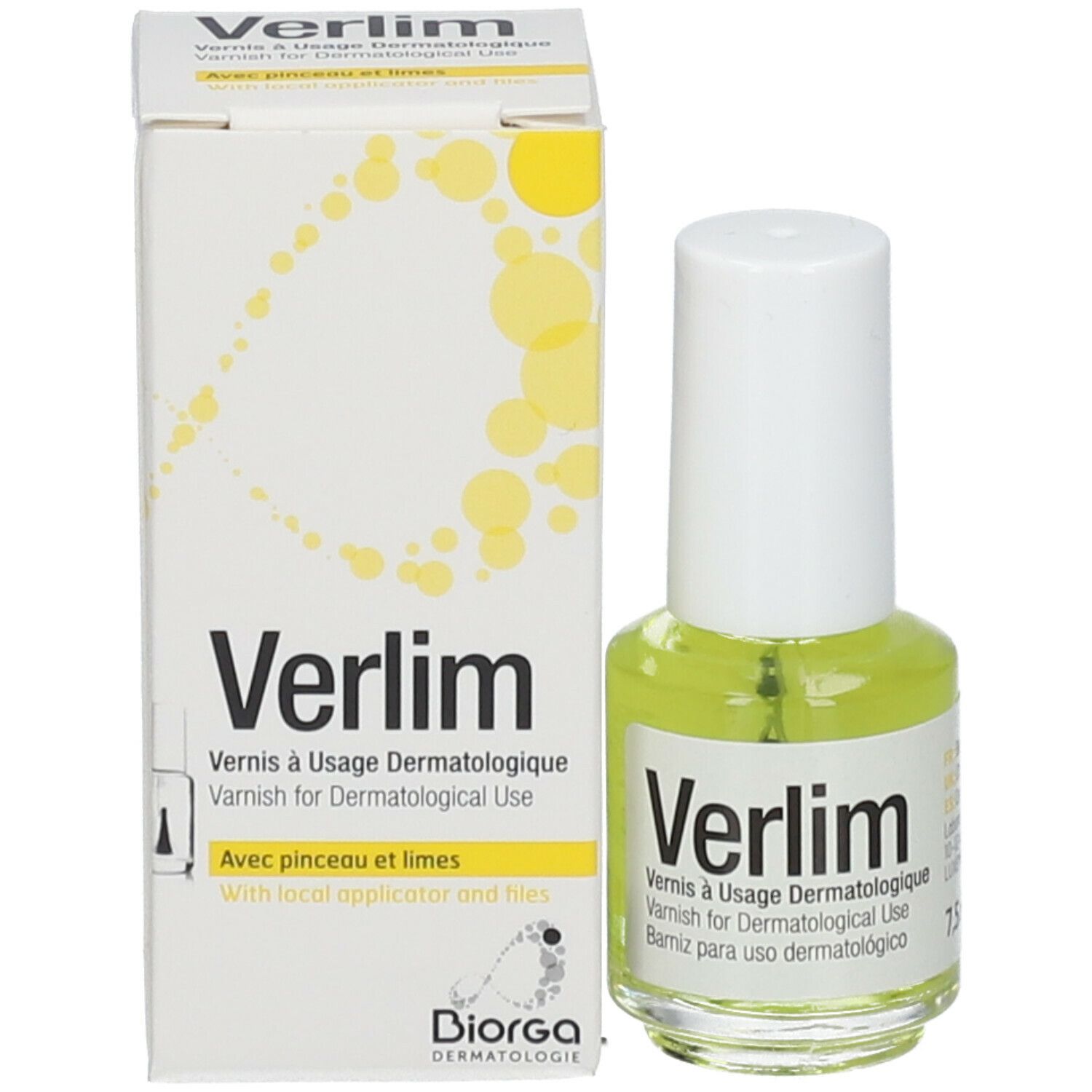 Flacon et emballage du produit. Inscription: Verlim, Varnish for Dermatological Use. Avec applicateur et limes.