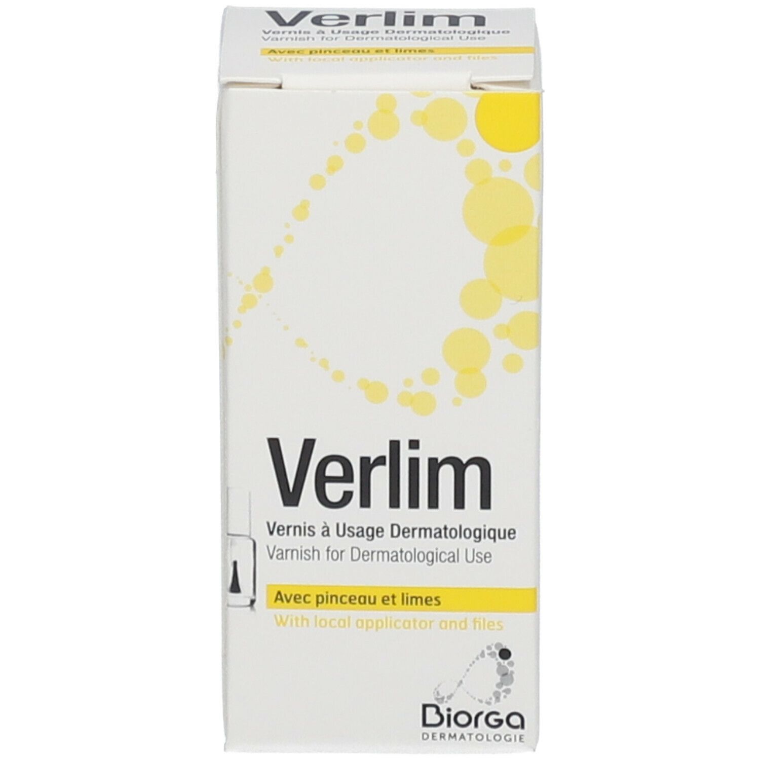 Emballage du produit. Inscription: Verlim, Varnish for Dermatological Use. Avec applicateur et limes.