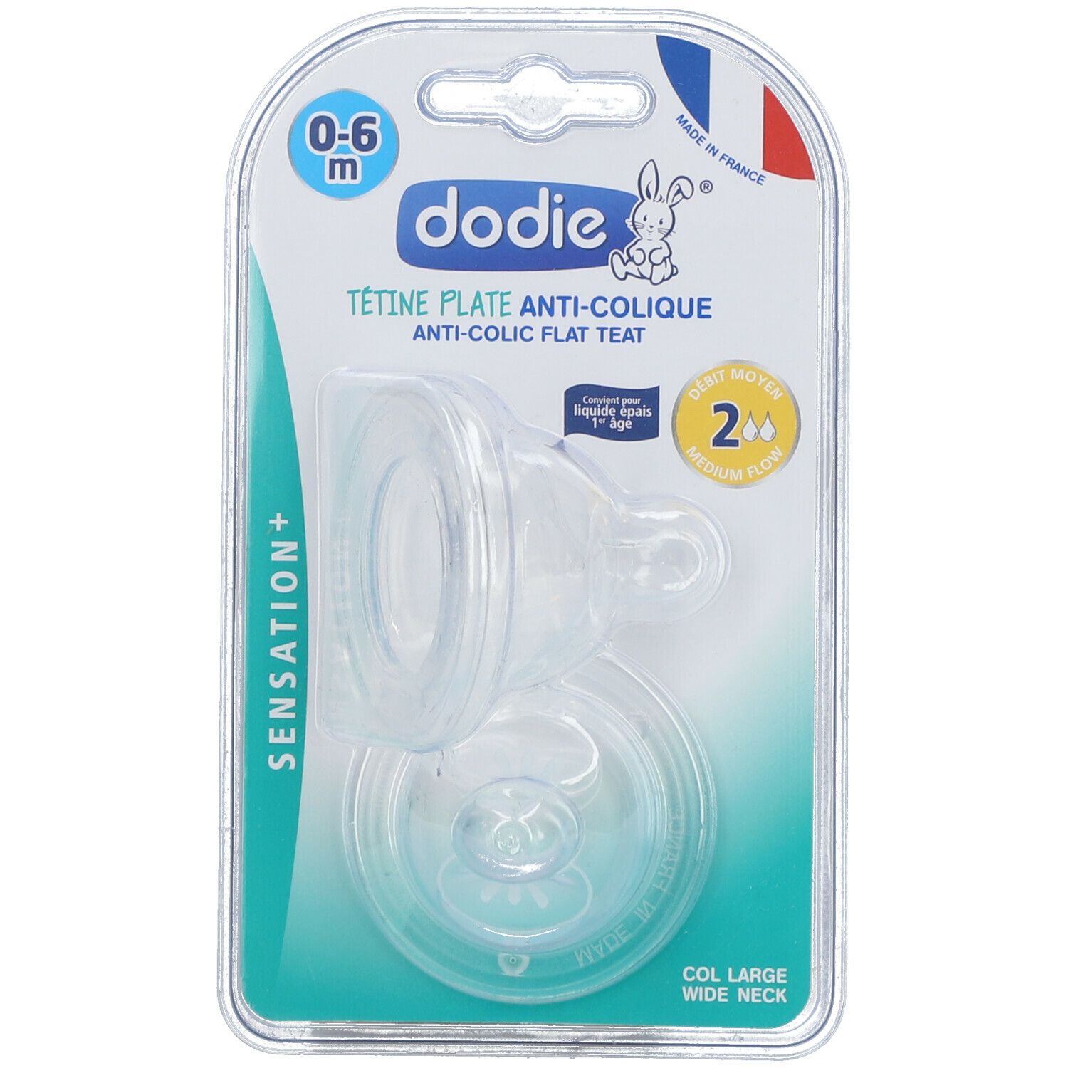 Dodie Sensation Plus Tétine Débit 2 Tétine plate, col large, 1er âge, silicone, pour biber