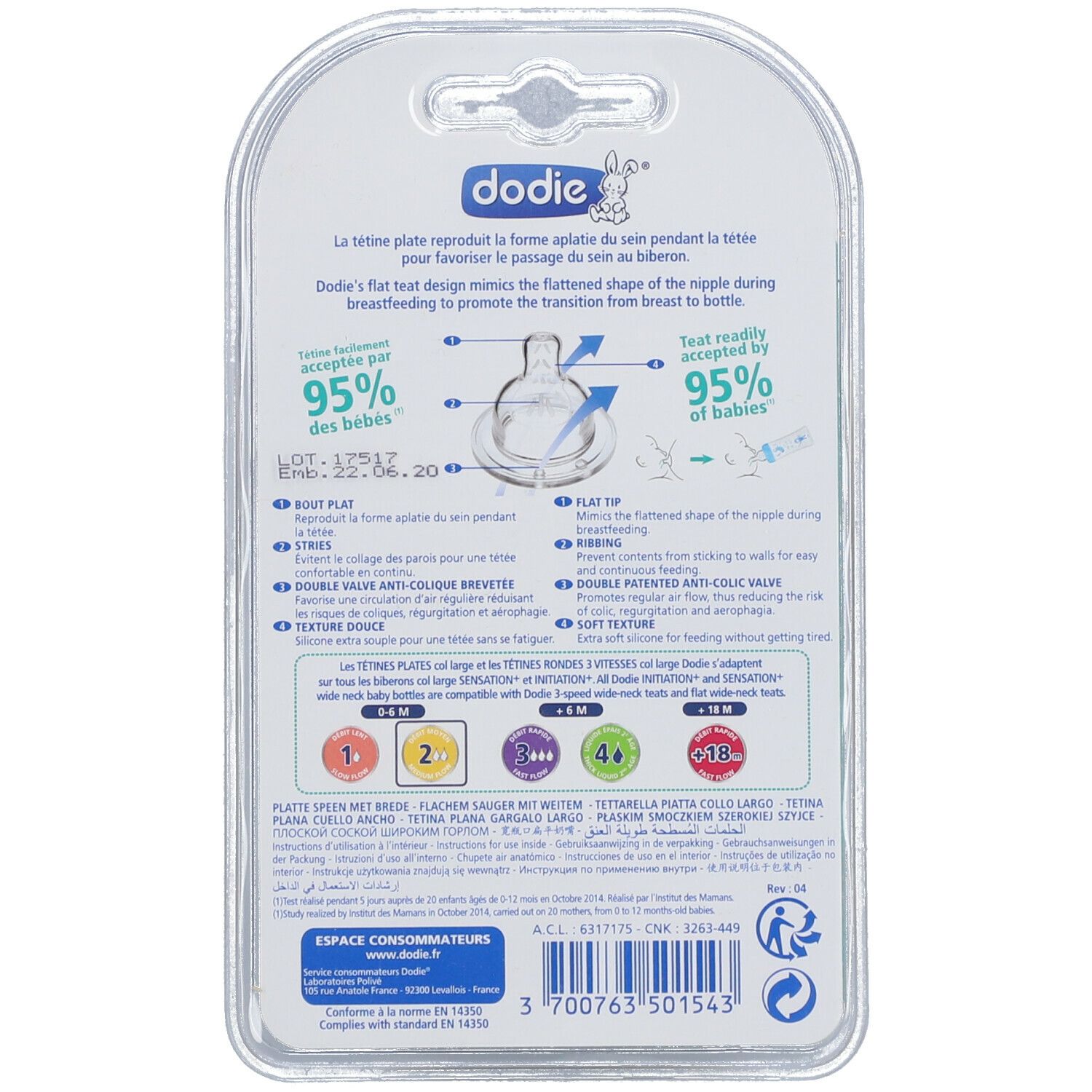 Dodie Sensation Plus Tétine Débit 2 Tétine plate, col large, 1er âge, silicone, pour biber