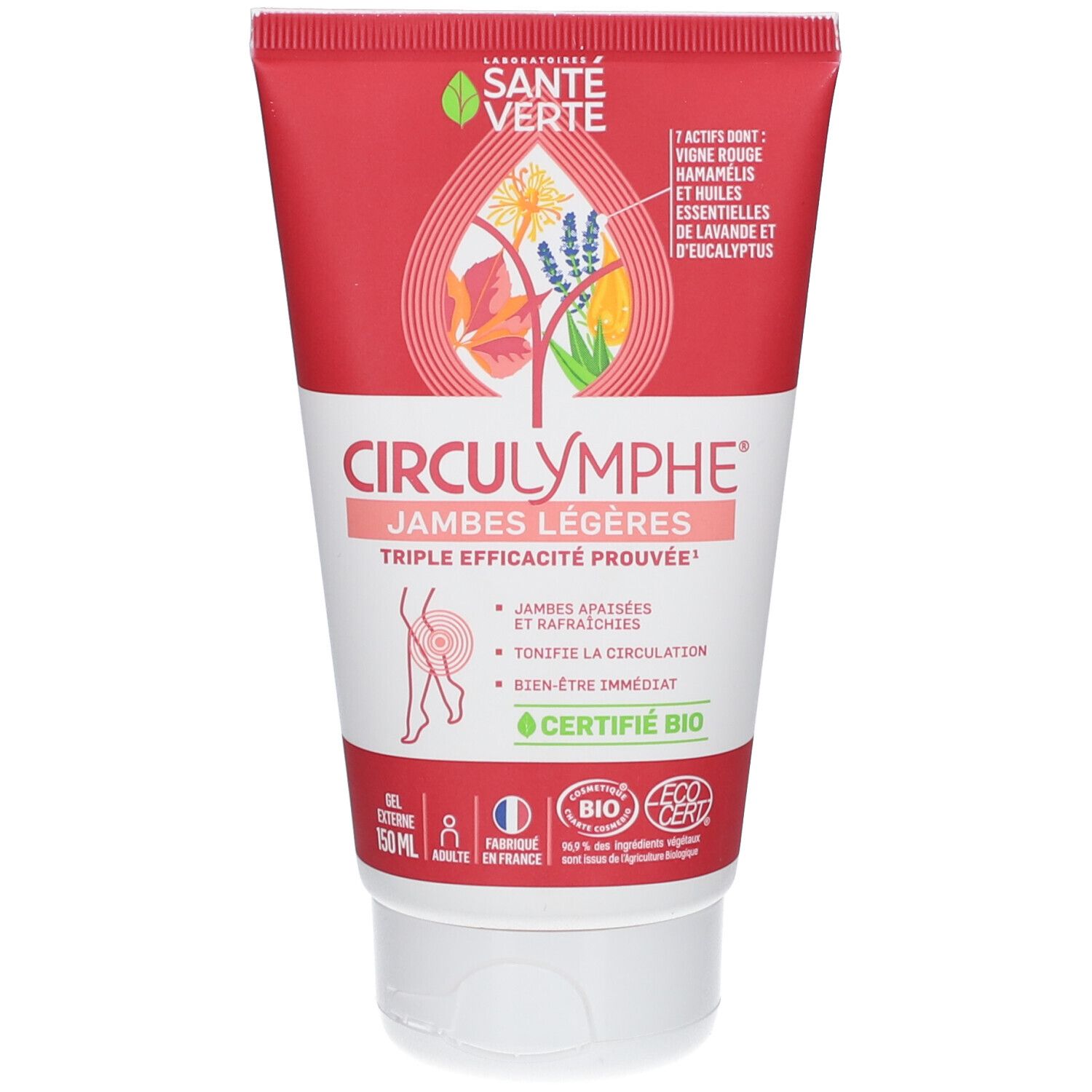 Circulymphe Gel: Tube rouge avec inscription blanche. Contient 150ml. Certifié bio.