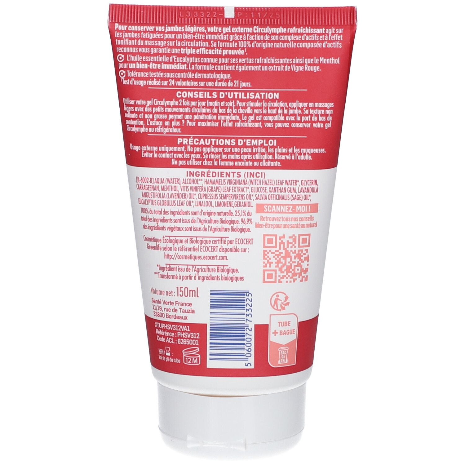 Tube de 150ml avec instructions d'utilisation et liste des ingrédients en français.