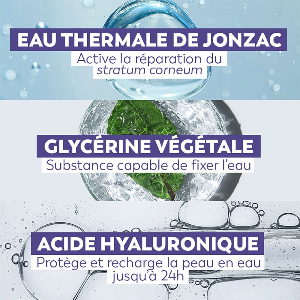 Afbeelding met tekst: Eau Thermale de Jonzac, Glycérine Végétale, Acide Hyaluronique. Ingrediënten voor huidverzorging.