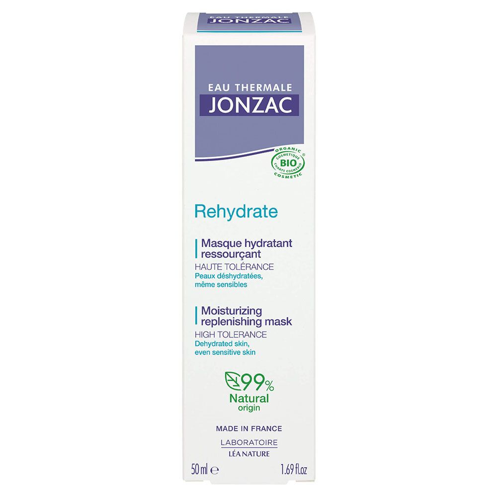 Kartonnen verpakking. Opschrift: Eau Thermale Jonzac, Rehydrate, 99% Natural origin. Bio-certificering. Voor gedehydrateerde huid.