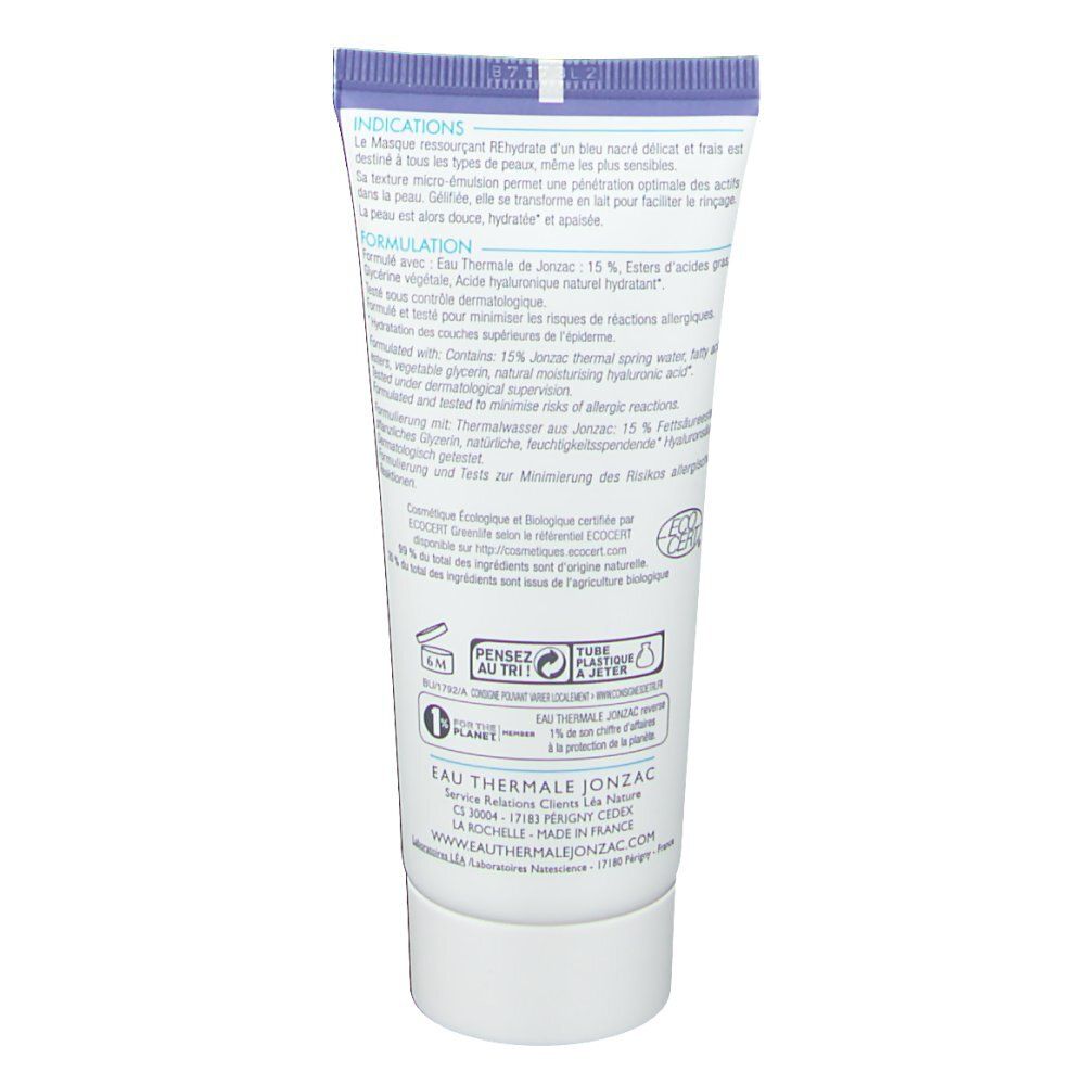 Achterkant van de tube. Tekst: ingrediënten, gebruik, certificeringen. Logo's: Eau Thermale Jonzac, Bio, Vegan, Made in France.