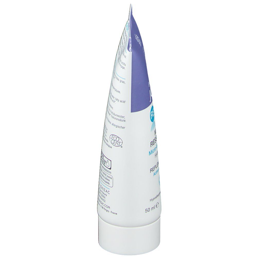 Zijaanzicht van de tube. Tekst: ingrediënten, gebruik, certificeringen. Logo's: Eau Thermale Jonzac, Bio, Vegan, Made in France.