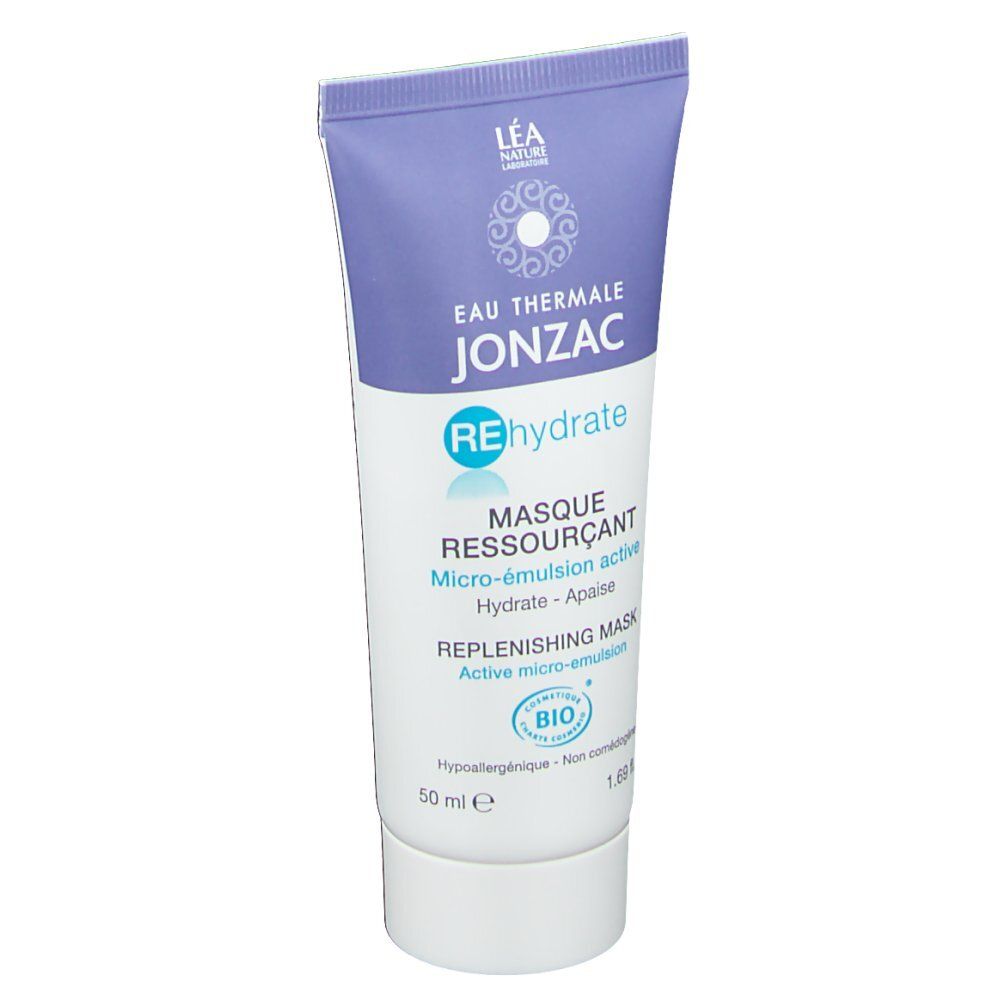 Tube met blauwe dop. Opschrift: Eau Thermale Jonzac, Rehydrate, Masque Ressourçant, bio-certificering.