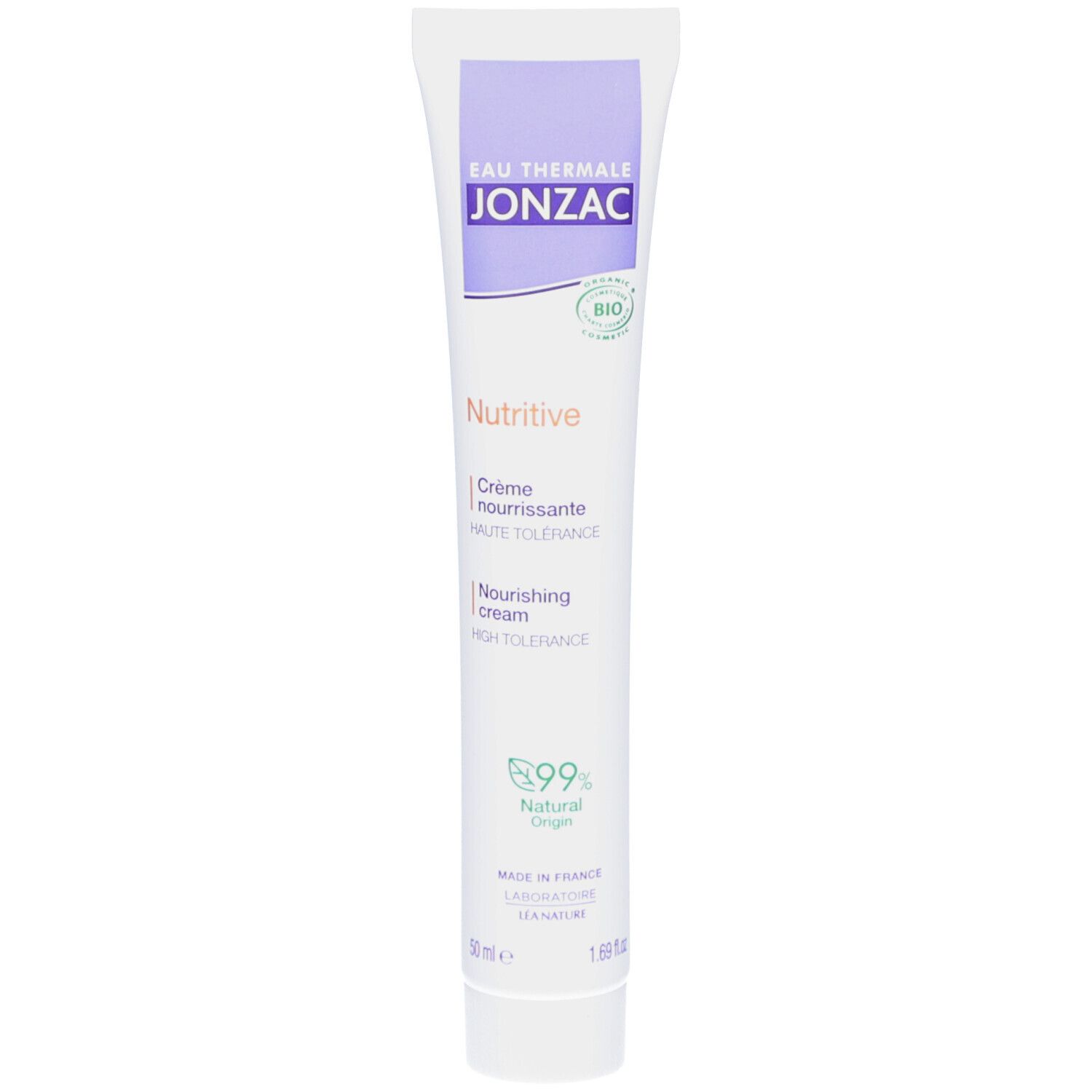 Witte tube met paarse dop. Opschrift: Eau Thermale Jonzac, Nutritive, Crème nourrissante, 99% Natural Origin.