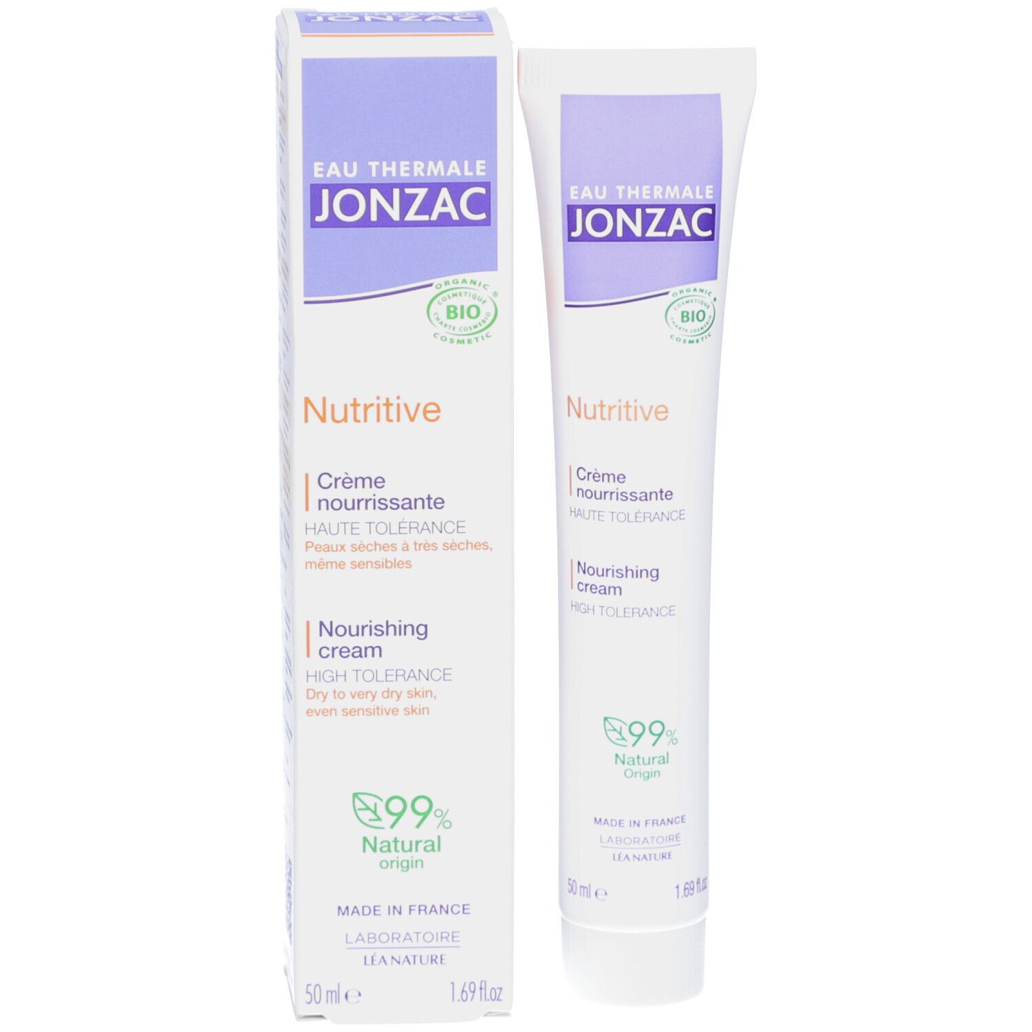 Kartonnen verpakking met tube. Opschrift: Eau Thermale Jonzac, Nutritive, Crème nourrissante, 99% Natural Origin. Voor droge huid.