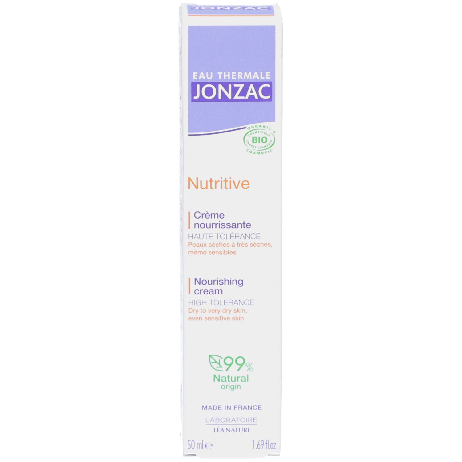 Kartonnen verpakking. Opschrift: Eau Thermale Jonzac, Nutritive, Crème nourrissante, 99% Natural Origin. Voor droge huid.