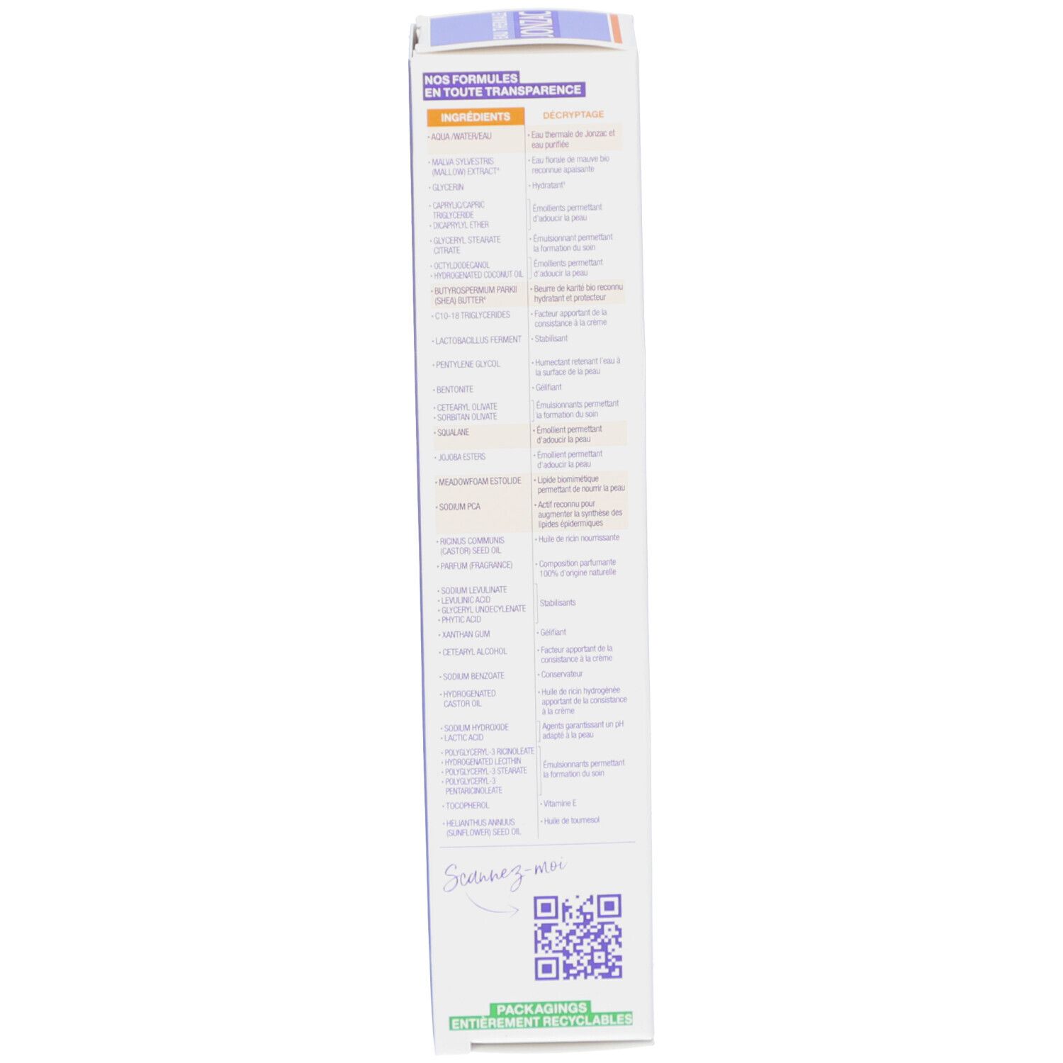 Achterkant van de kartonnen verpakking. Tekst in meerdere talen. Bevat informatie over ingrediënten.