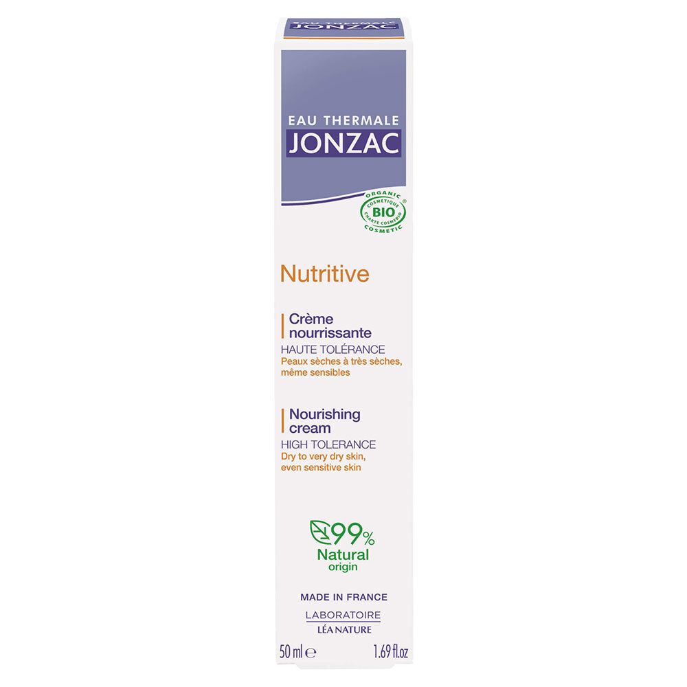 Kartonnen verpakking met tube. Opschrift: Eau Thermale Jonzac, Nutritive, Crème nourrissante, 99% Natural Origin. Voor droge huid.