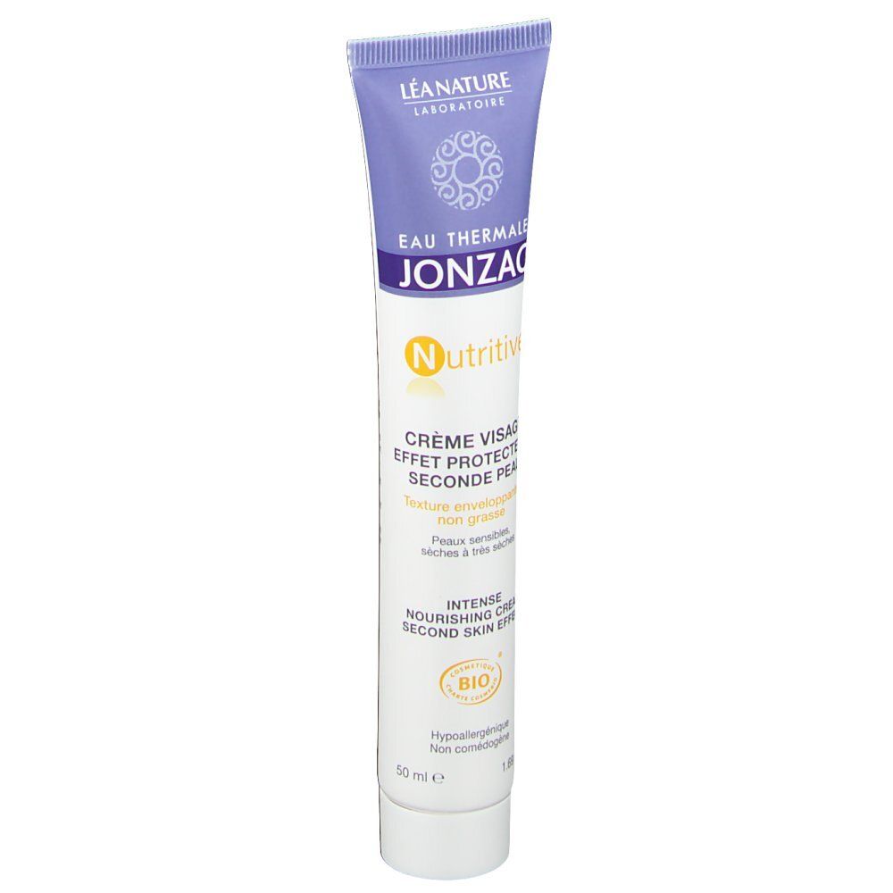 Tube met opschrift: Eau Thermale Jonzac, Nutritive, Crème visage, Effet seconde peau. Voor droge en zeer droge huid.