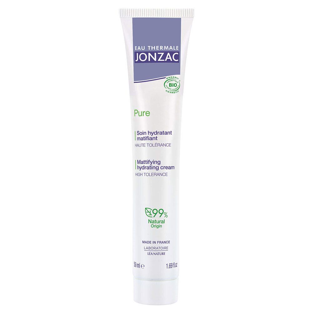 Witte tube met paarse dop. Opschrift: Eau Thermale Jonzac, Pure, Mattifying hydrating cream. Bio-label.