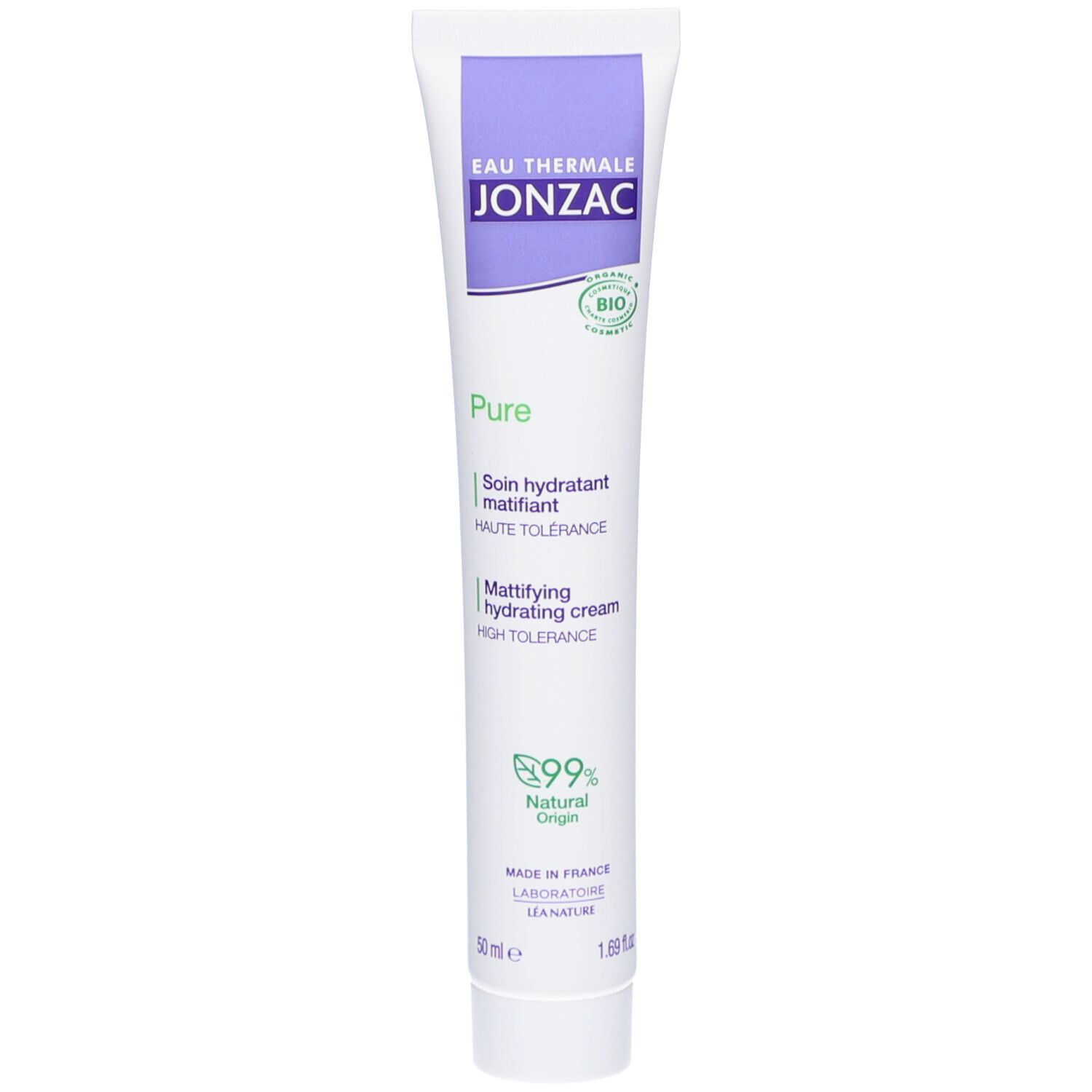 Tube met paarse dop. Opschrift: Eau Thermale Jonzac, Pure, Crème purifiante matifiante. Bio-label.