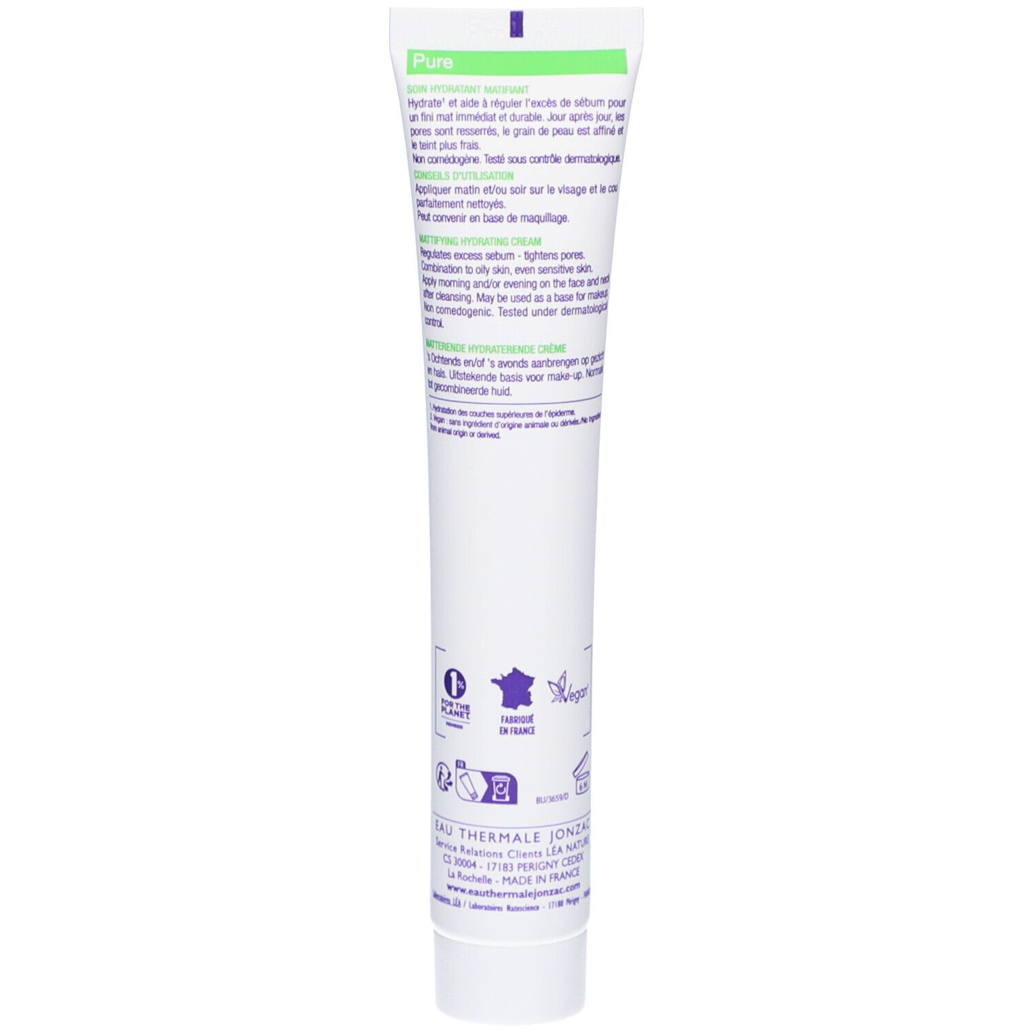 Achterkant van de tube. Tekst: Formule, ingrediënten, gebruiksaanwijzing. Opschrift: Eau Thermale Jonzac. 50 ml.