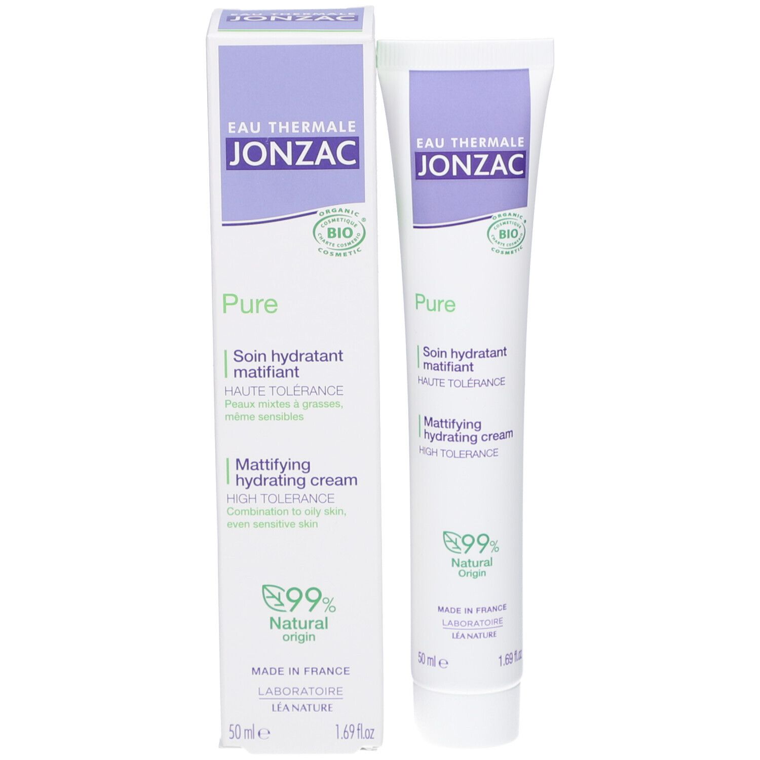 Kartonnen verpakking met tube. Opschrift: Eau Thermale Jonzac, Pure, Crème purifiante matifiante. Bio-label.