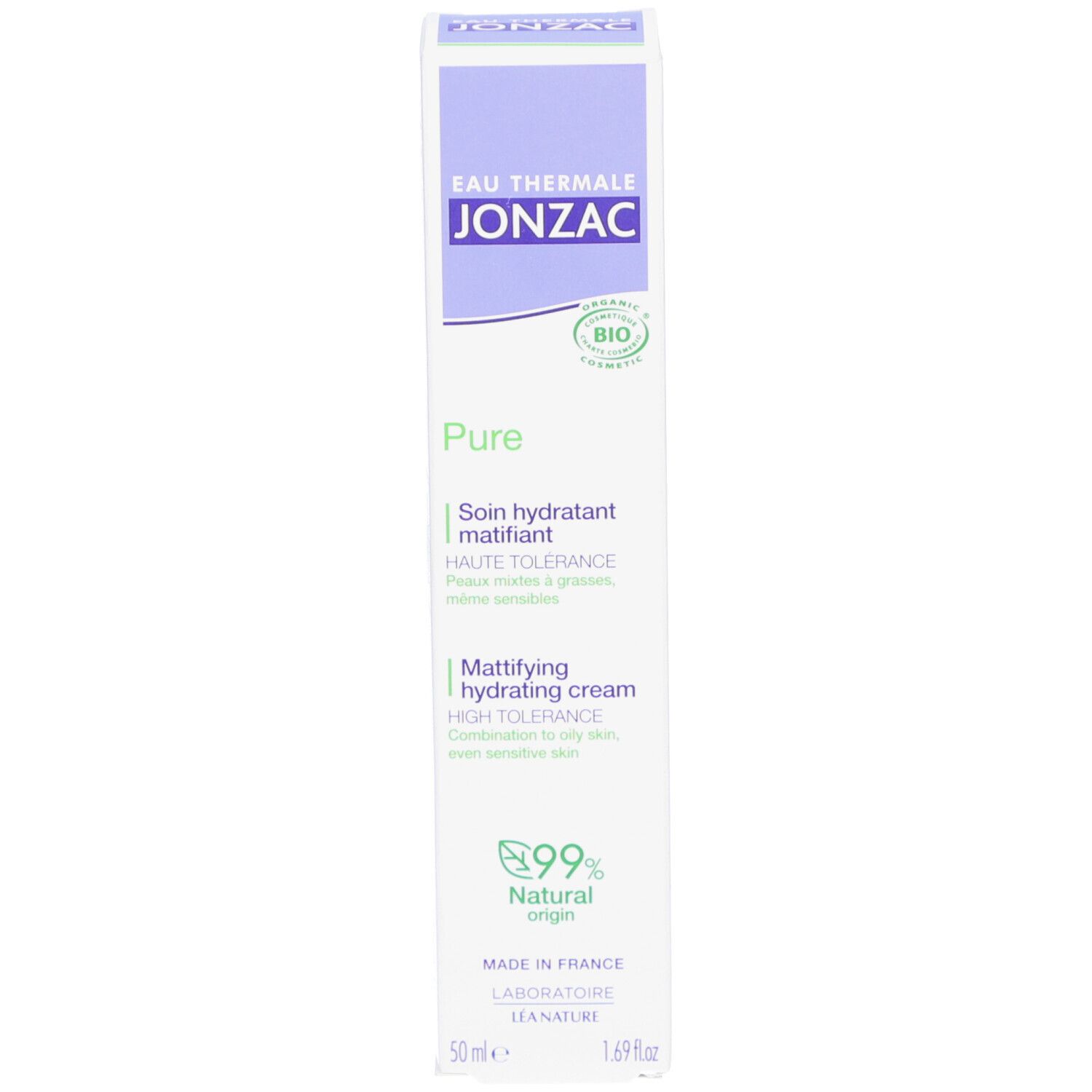 Kartonnen verpakking. Opschrift: Eau Thermale Jonzac, Pure, Crème purifiante matifiante. Bio-label. 50 ml.