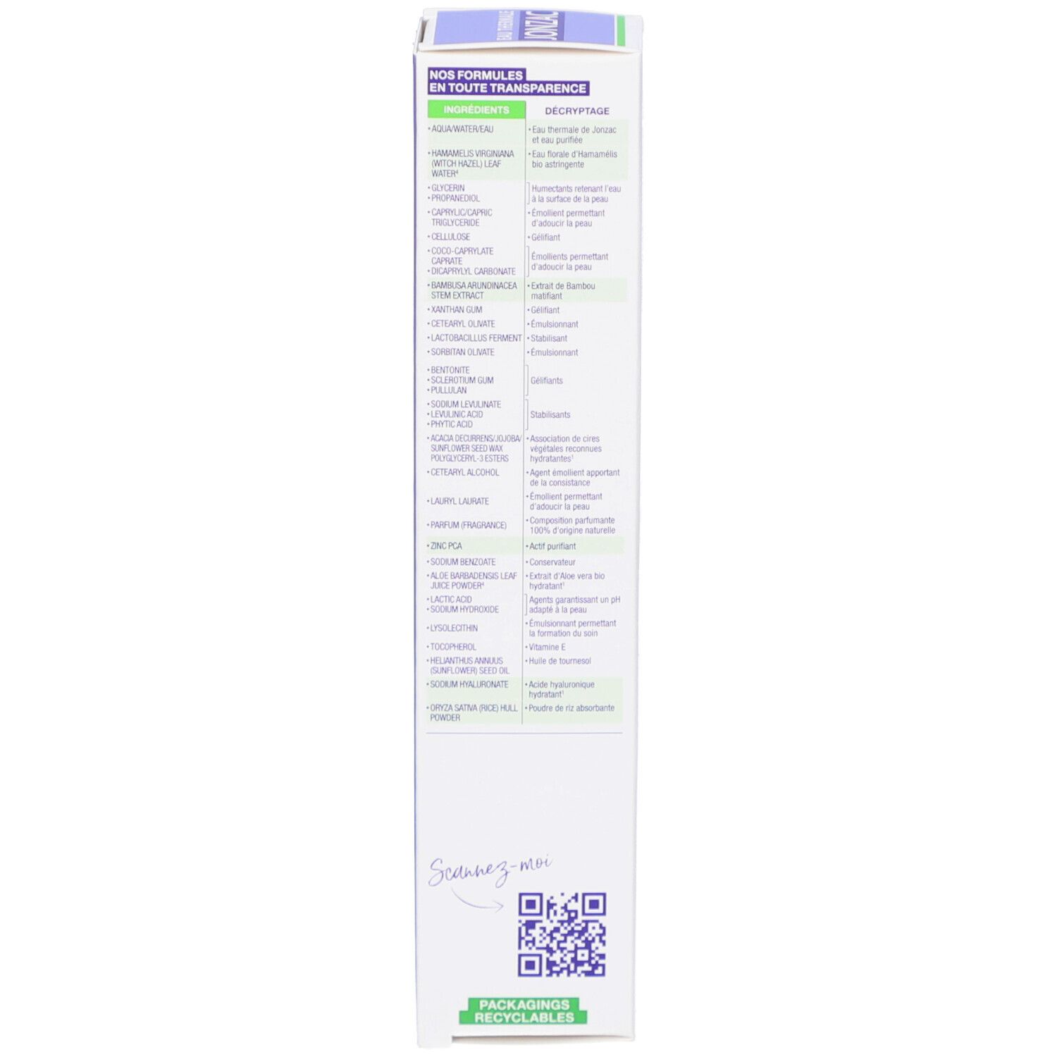 Achterkant van de kartonnen verpakking. Tekst: Formule, gebruiksaanwijzing, ingrediënten. Bio-label. 71% natuurlijke ingrediënten.