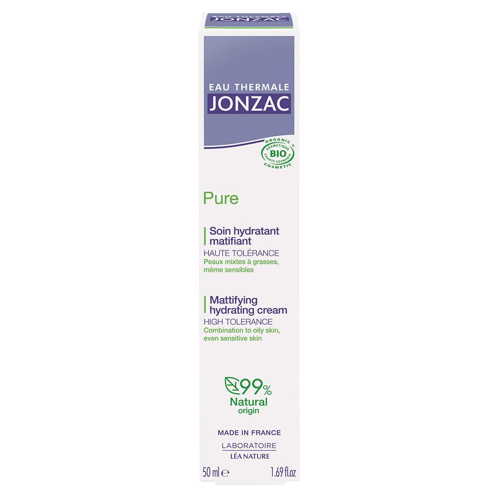 Kartonnen verpakking met tube. Opschrift: Eau Thermale Jonzac, Pure, Crème purifiante matifiante. Bio-label.
