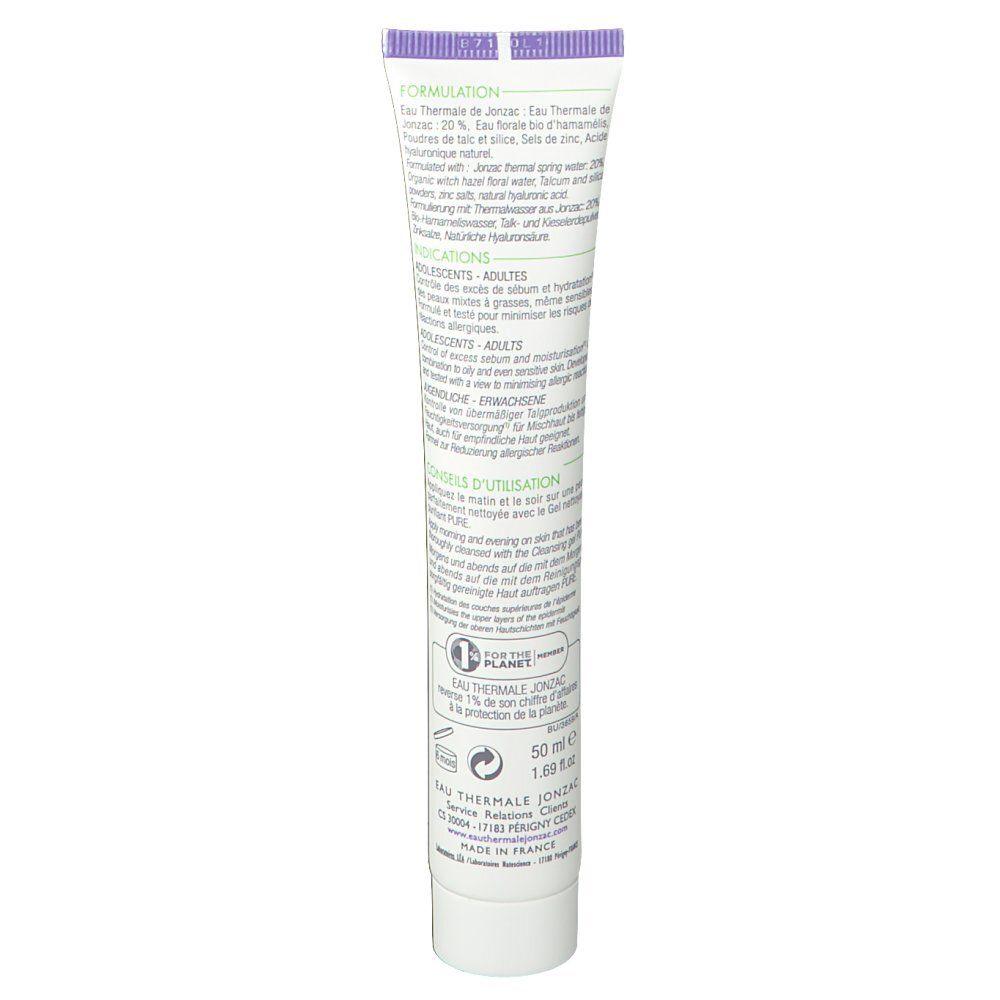 Achterkant van de tube. Tekst: Formule, ingrediënten, gebruiksaanwijzing. Opschrift: Eau Thermale Jonzac. 50 ml.