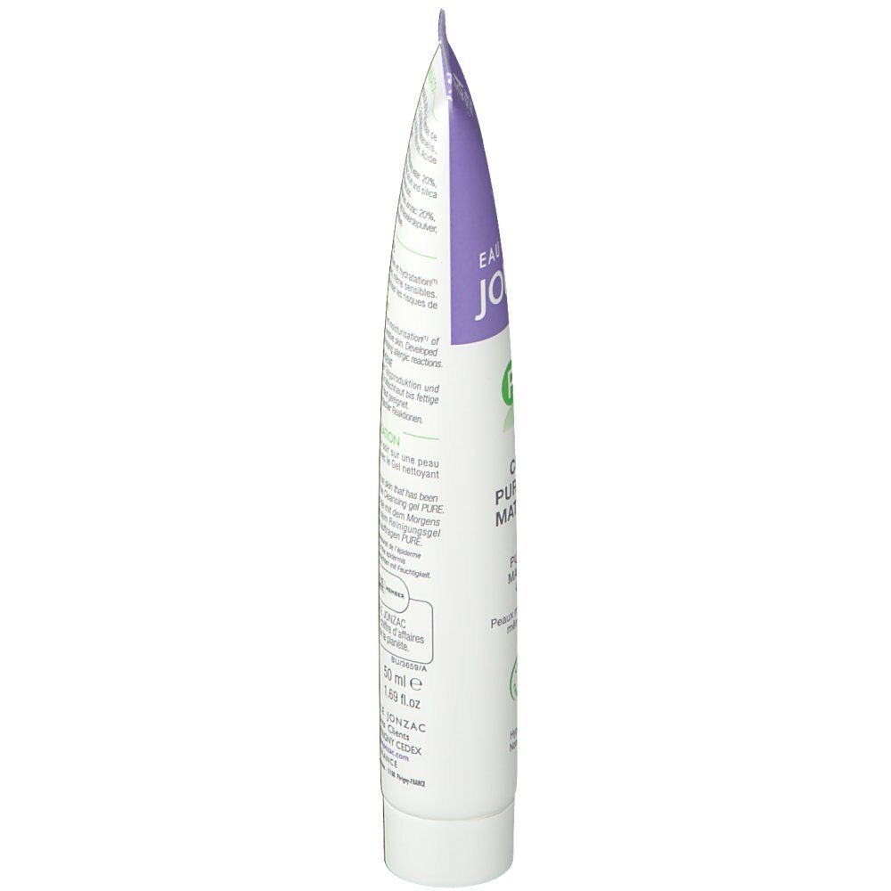 Zijaanzicht van de tube. Opschrift: Eau Thermale Jonzac, Pure, Mattifying hydrating cream. Bio-label. 50 ml.
