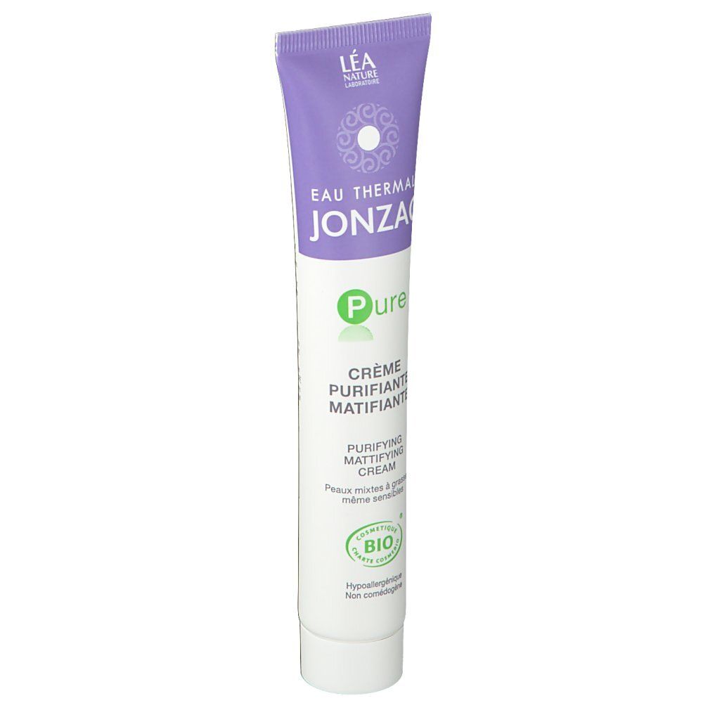 Tube met paarse dop. Opschrift: Eau Thermale Jonzac, Pure, Crème purifiante matifiante. Bio-label.