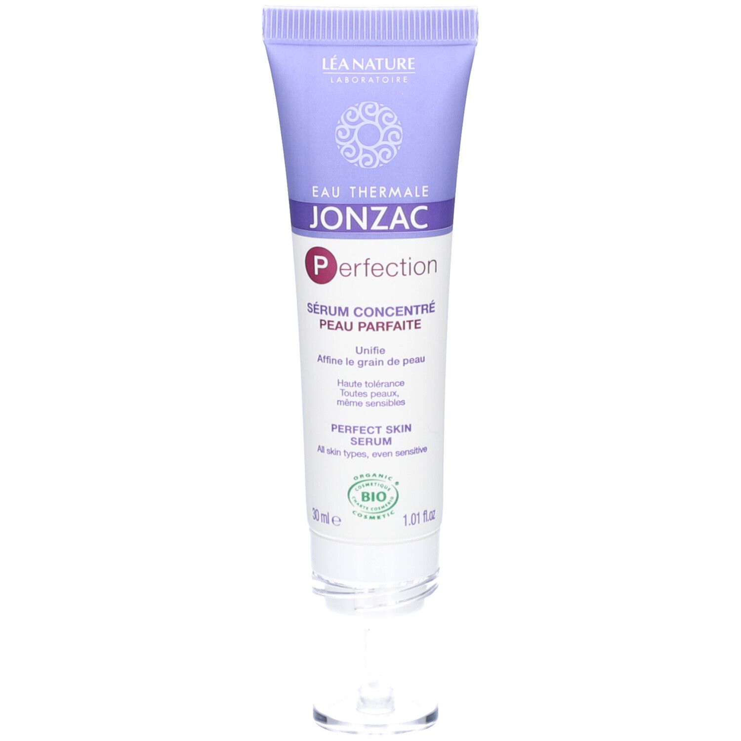 Crèmetube met Eau Thermale Jonzac. Bio-certificering. Transparante dop.