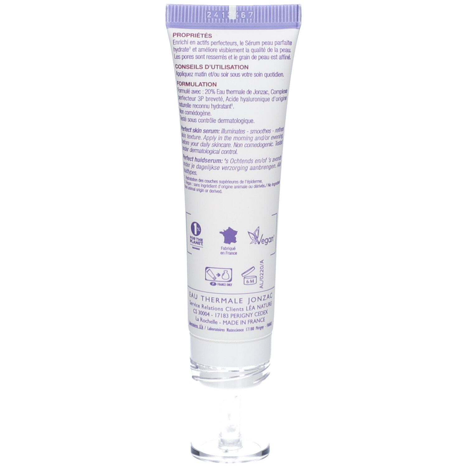 Crèmetube met Eau Thermale Jonzac. Bio-certificering. Transparante dop.