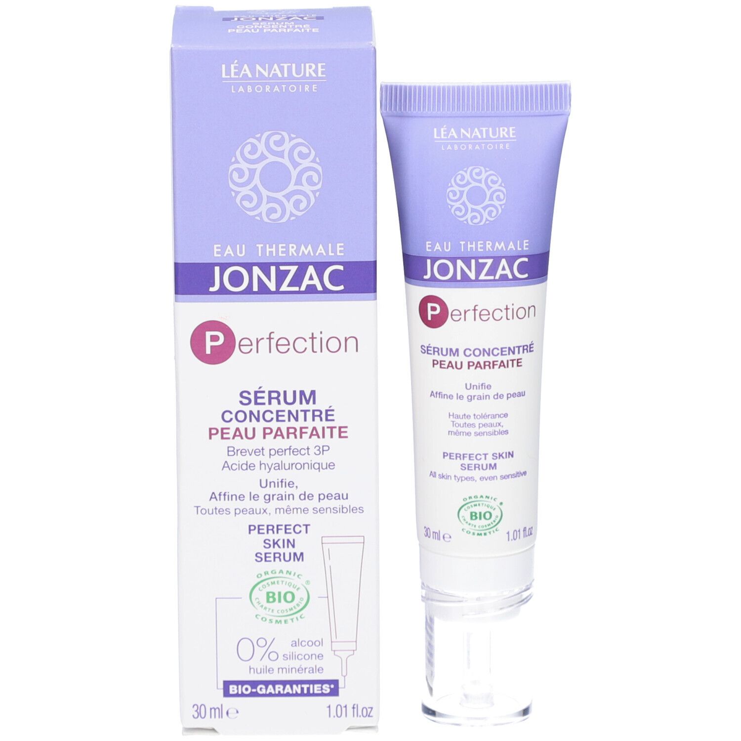 Doos met crèmetube. Eau Thermale Jonzac. Bio-certificering. 0% alcohol, siliconen, minerale olie.