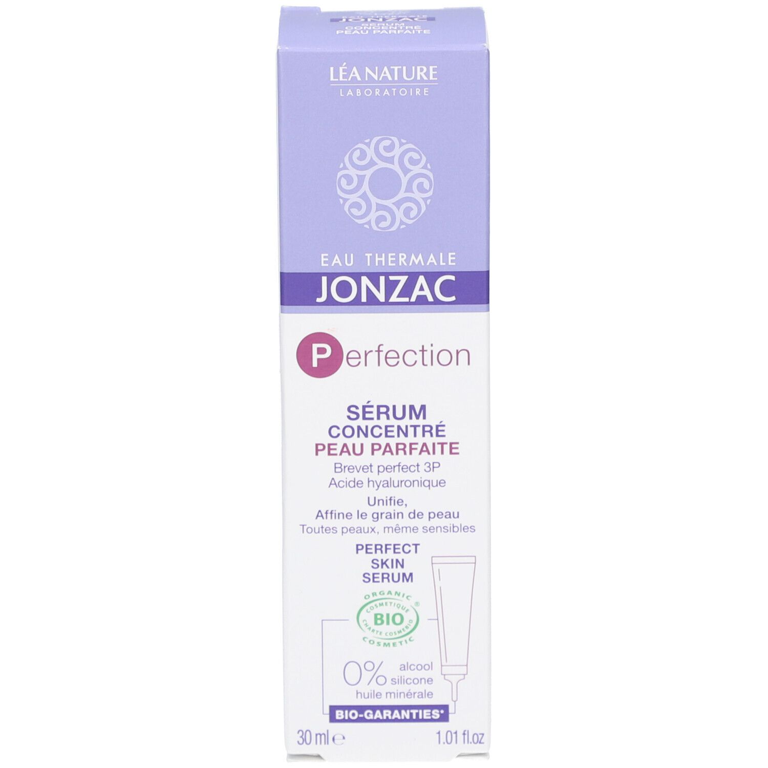Doos met crèmetube. Eau Thermale Jonzac. Bio-certificering. 0% alcohol, siliconen, minerale olie.