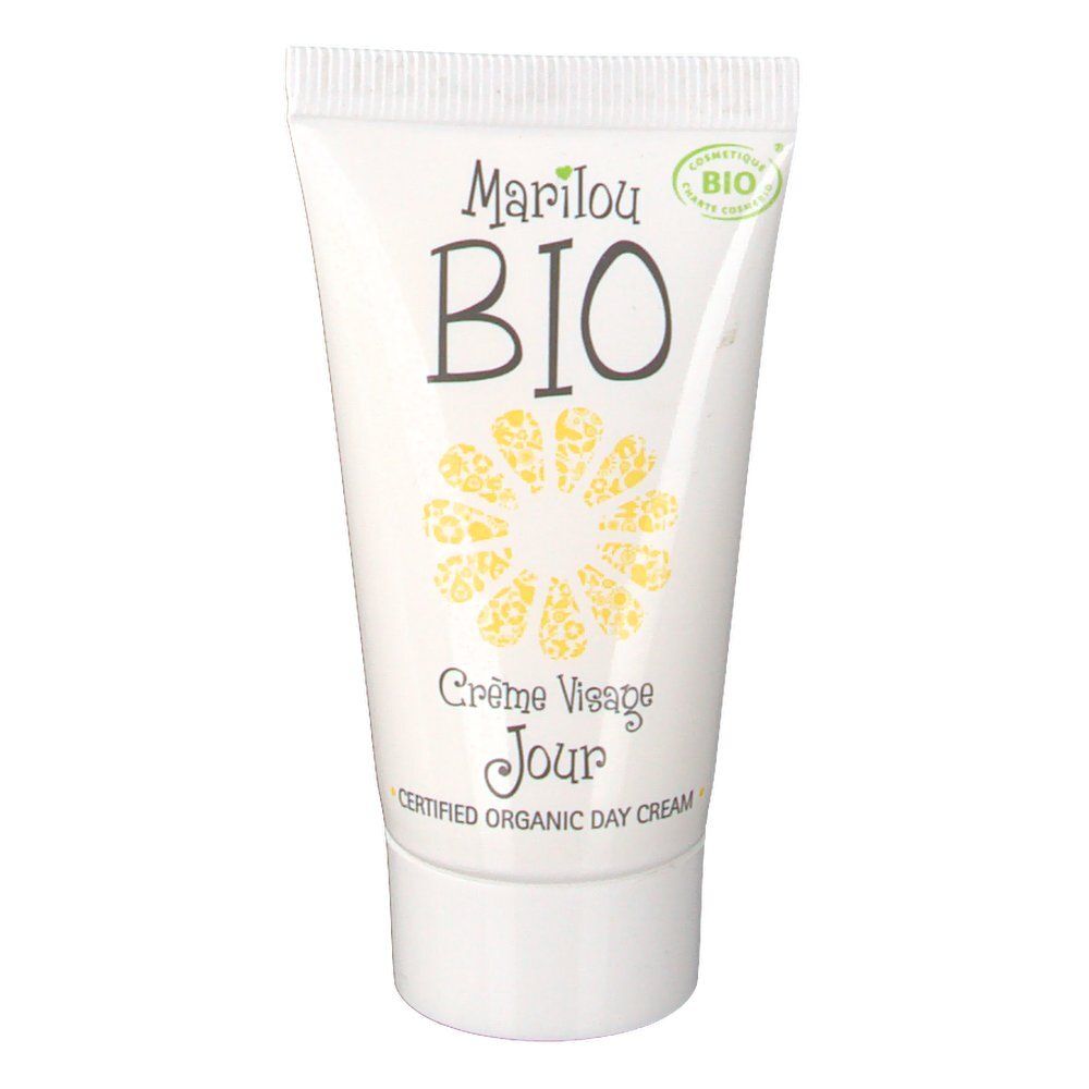 Tube blanc avec logo Marilou Bio et motif floral jaune. Texte: Crème Visage Jour, Certified Organic Day Cream. Certification Bio.