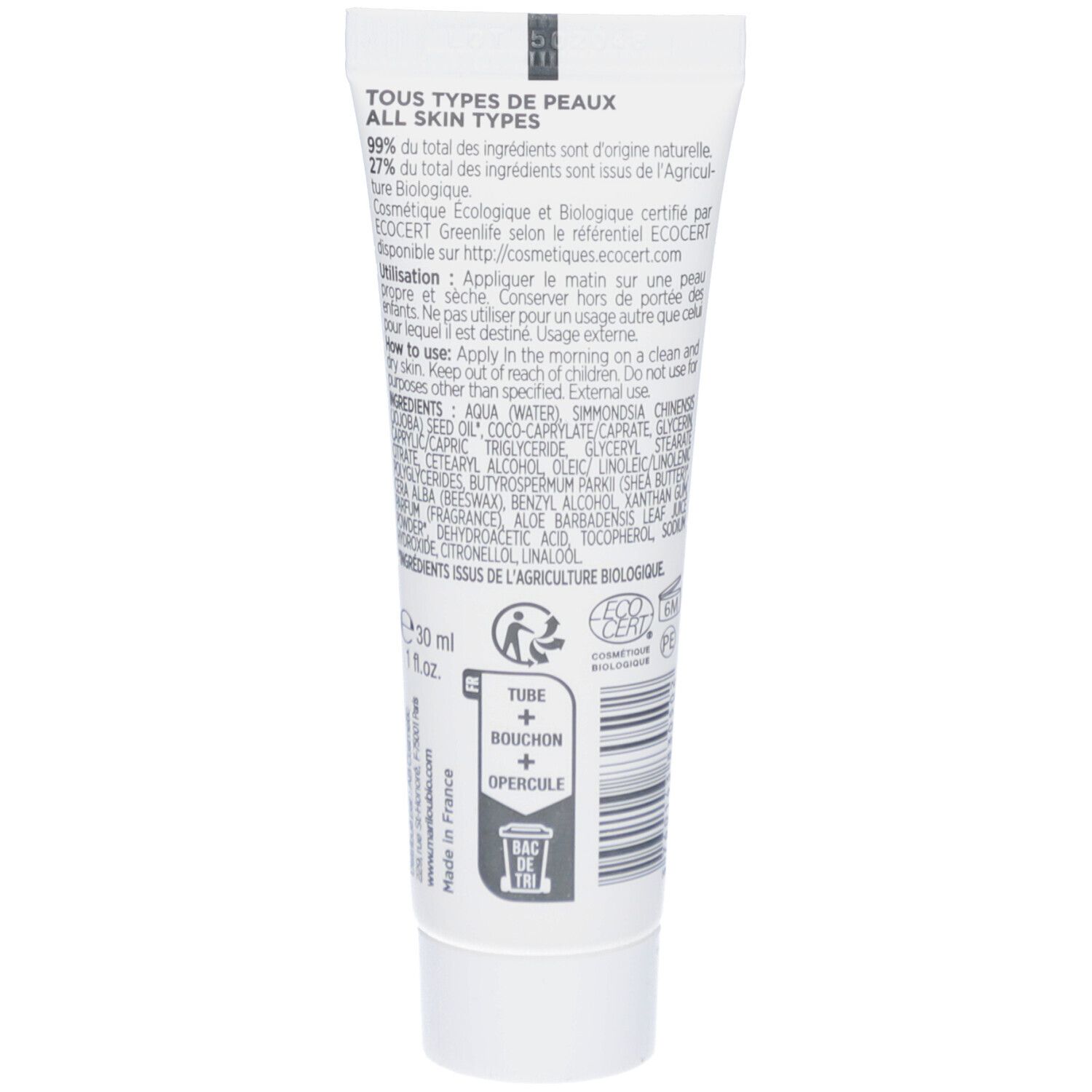 Dos du tube blanc. Texte pour tous types de peau, ingrédients et certifications. Comprend un graphique pour l'élimination.