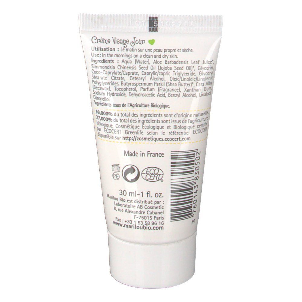 Dos d'un tube blanc. Texte: Crème Visage Jour, ingrédients, certification ECOCERT, 30 ml, Fabriqué en France.