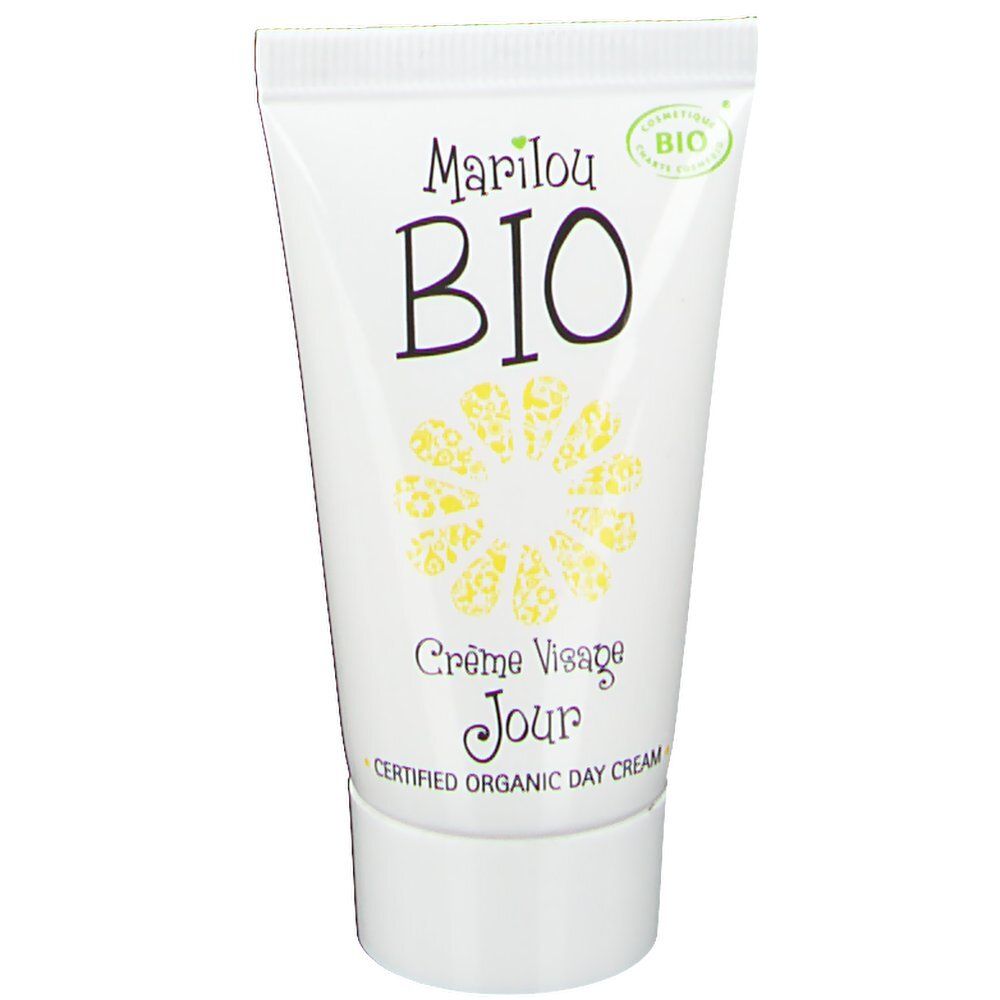 Tube blanc avec logo Marilou Bio et motif floral jaune. Texte: Crème Visage Jour, Certified Organic Day Cream. Certification Bio.