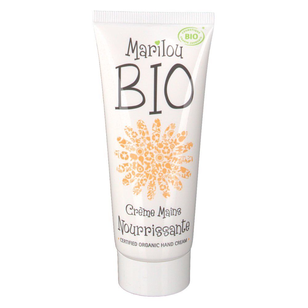 Tube blanc avec logo Marilou Bio et motif floral. Texte: Crème Mains Nourrissante, Certified Organic Hand Cream.