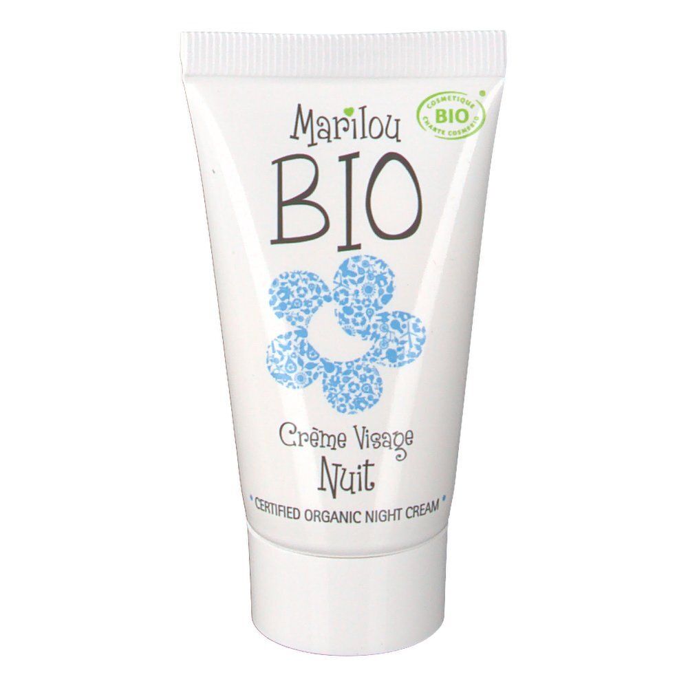 Tube blanc avec logo Marilou Bio et motif floral. Inscription: Crème Visage Nuit. Certification bio.