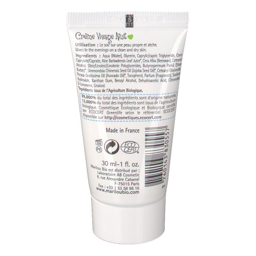 Dos d'un tube blanc. Texte avec ingrédients, mode d'emploi et informations fabricant. Logo ECOCERT.