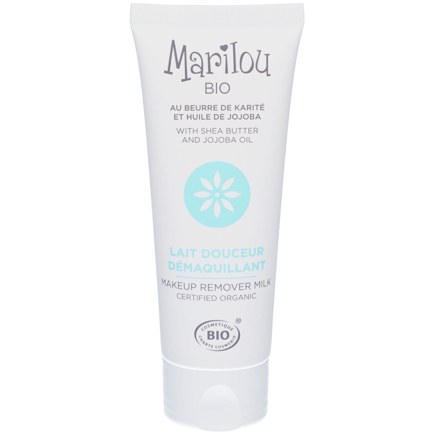 Witte tube met Marilou Bio-logo. Tekst: Au beurre de karité et huile de jojoba. Bio-label. Lait Douceur Démaquillant.