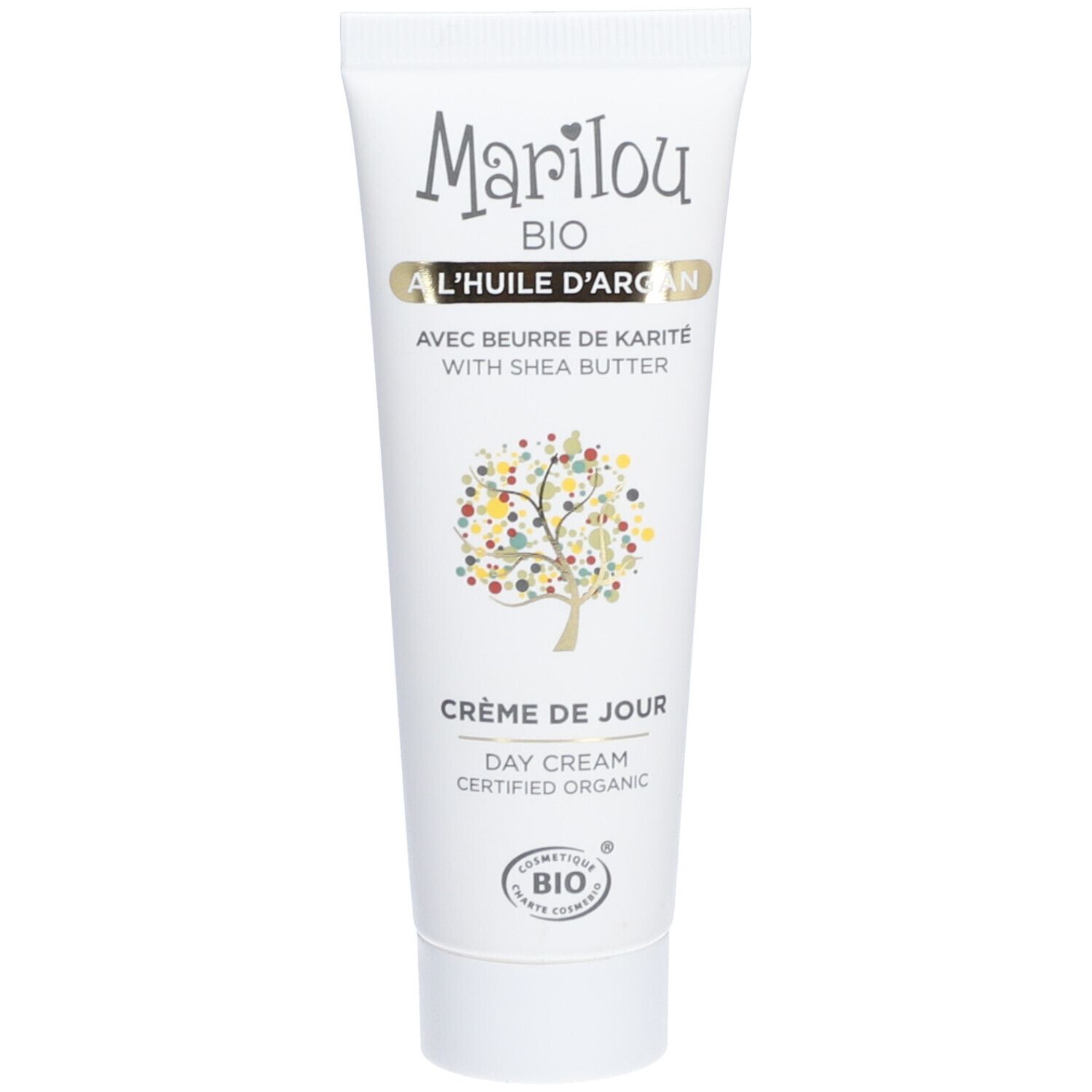 Witte tube met opschrift Marilou Bio, dagcrème met arganolie. Boomillustratie. Certificeringen.