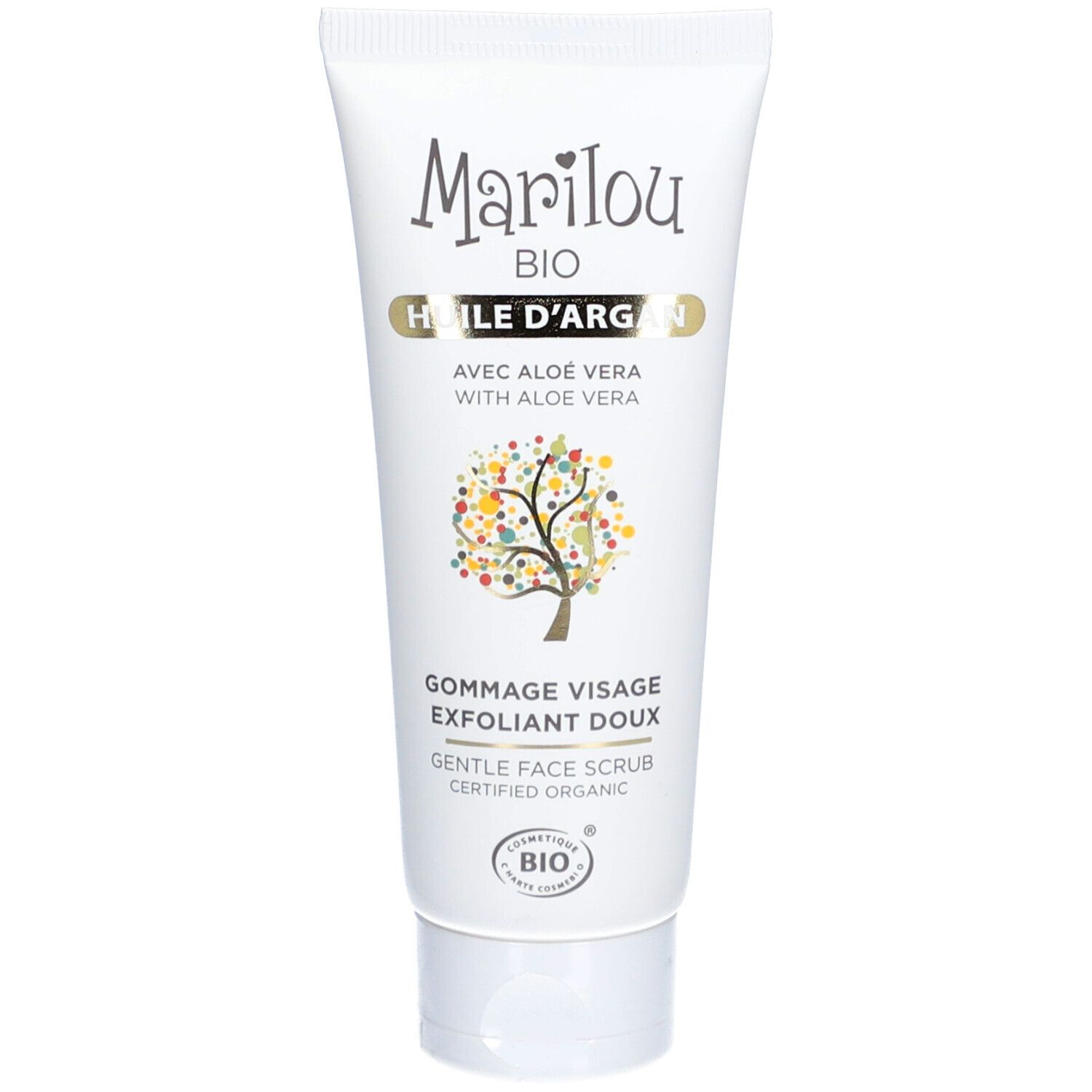 Witte tube met Marilou Bio-logo en tekst "Huile d'Argan". Opschrift: "Gommage Visage Exfoliant Doux". 