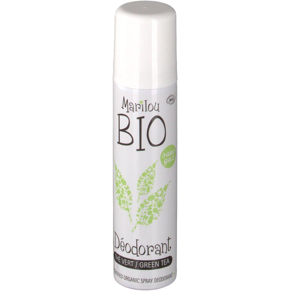 Witte deodorant spray met groene thee. Merk Marilou Bio. Met dop. Opschrift: BIO, Déodorant, The Vert.