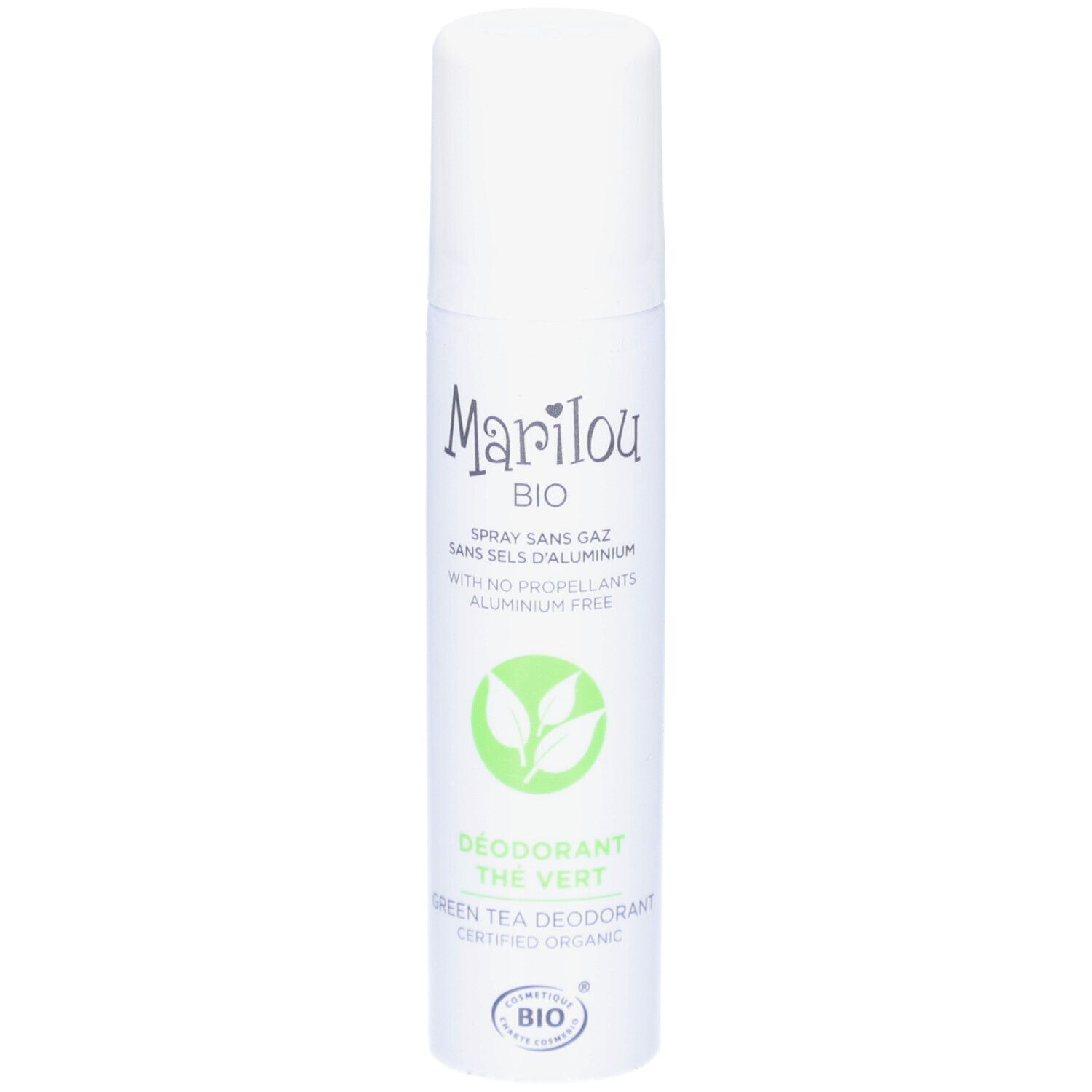 Witte deodorant spray met groene thee. Merk Marilou Bio. Met dop. Opschrift: BIO, Déodorant, The Vert.