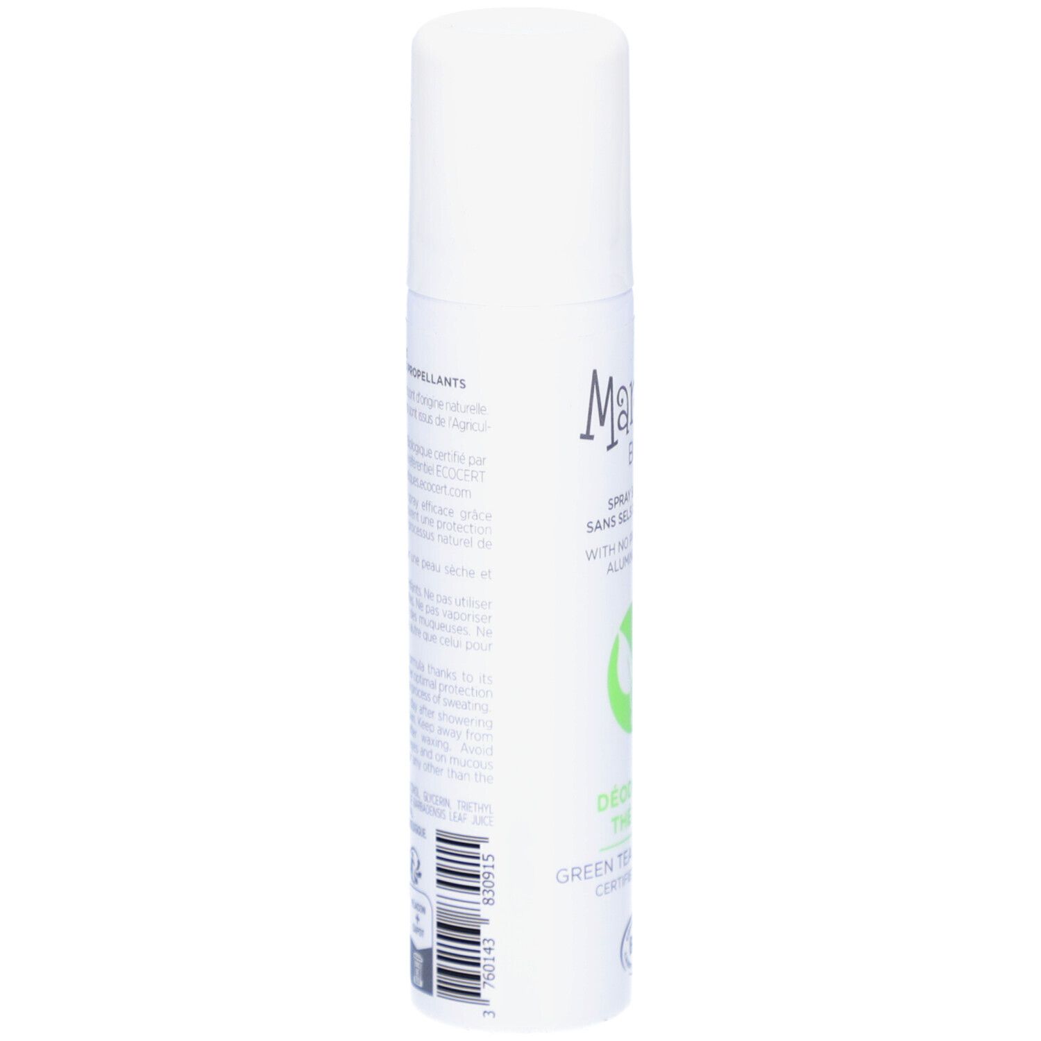 Witte deodorant spray met groene thee. Merk Marilou Bio. Met dop. Opschrift: BIO, Déodorant, The Vert.