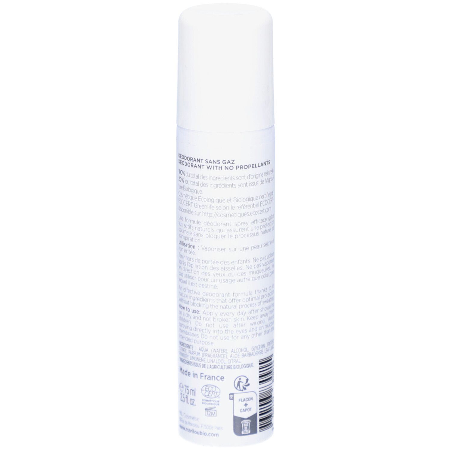 Witte deodorant spray met groene thee. Achterkant met tekst. Merk Marilou Bio. Met dop. Gemaakt in Frankrijk.